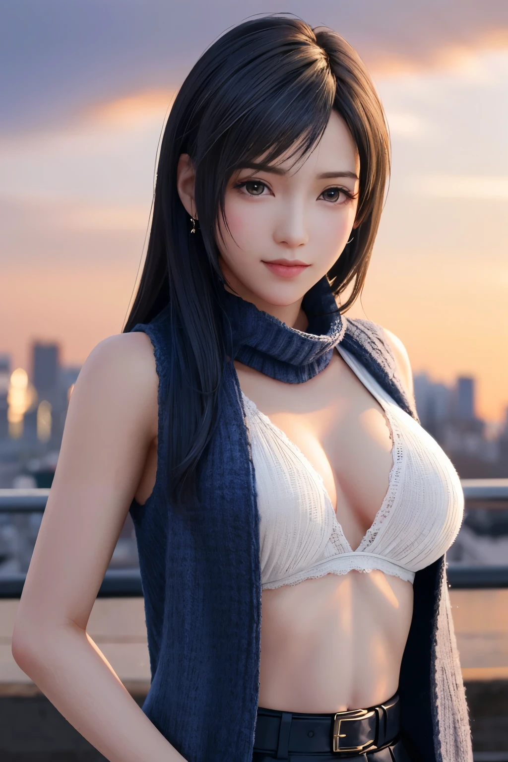 (Top Quality, Masterpiece: 1.1), (Realistic: 1.3), BREAK (((FF7,Tifa_lockhart))),Ultra-detailed face, Detailed eyes,(black Brown Hair, Large breasts: 1.2),(tokyo,background is Unique The City,at Sunrise), BREAK (tifa wearing Japan school uniform:1.3, vest, blazer, pleated skirt,big knitted scarf:1.2),clothed,(No Bra) ,(Small and beautiful hard nipple),(shiny oiled skin: 1.1), about 18 years old, BREAK ,smile,kawaii,(sexy pose:1.2),,ultra high res,ultra high quality,Wallpapers