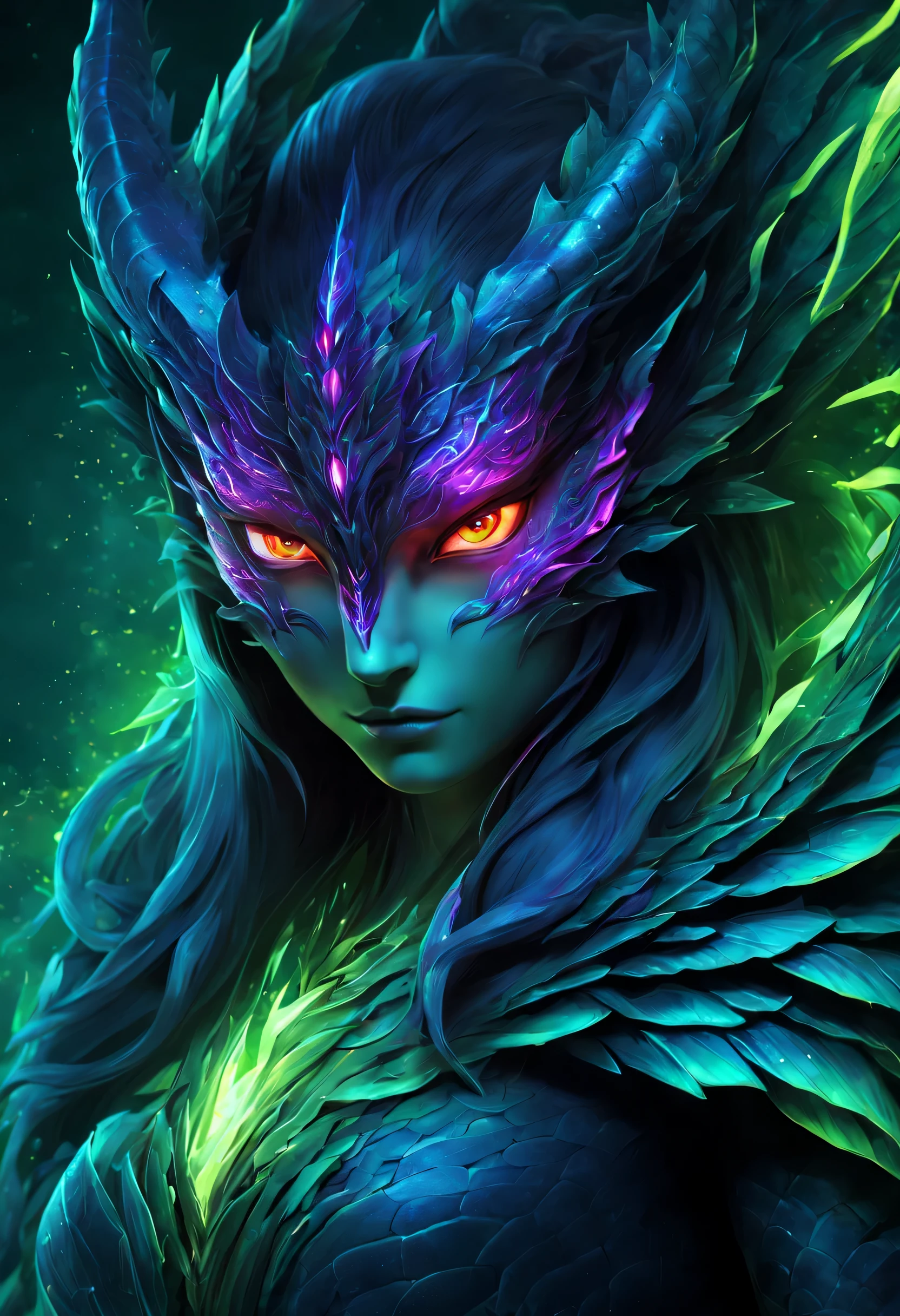 masterpiece, best quality :1.3), Super detailed, complex, 8k, human development report, wallpaper, dynamic action, Colorful color scheme, ((Upper body close-up, Side shot, looking into camera)), dragon girl, (detailed red eyes, face covered in scales, jagged mouth), dead scales, Black, purple, fluorescent green, Ominous light, luminescent, ghostly fire eyes, wing pattern reminds of interlocking computer code, Bone fragments protrude from wings, Spooky aura, luminescent runes, sharp claws, spectral hue, Drifting light, mysterious creature, Long Er