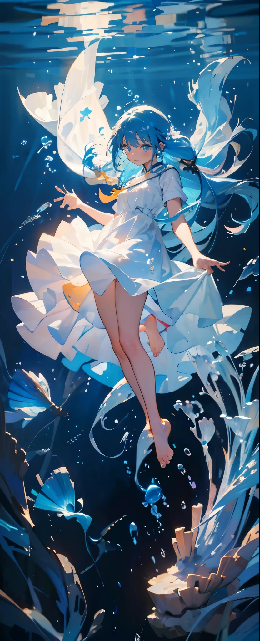 Anime girl floating in the water with a white dress and a blue umbrella ...