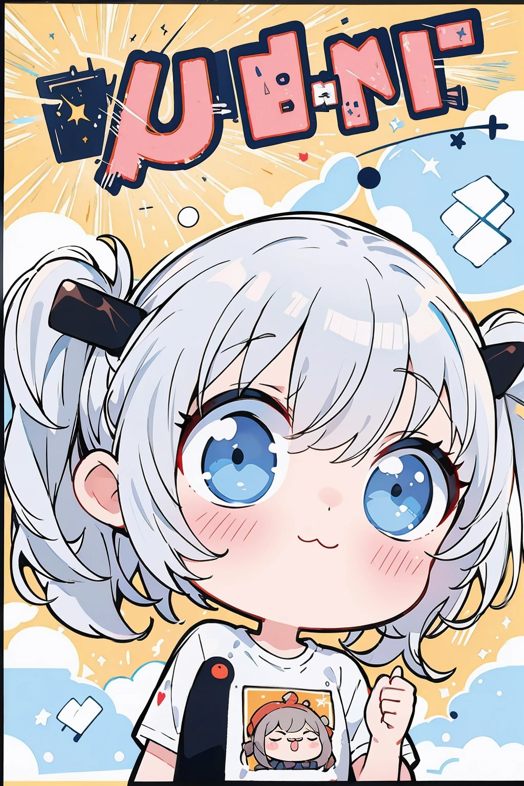 absurdos, 1 garota, olhos castanhos, twintails, Cabelo longo, cabelo branco, olhos arregalados, eyelash, olhando para o espectador, twitchemocionar, tronco, fundo branco, camiseta, Chibi, emocionar, visualizador de frente, (:3:1.0), corar