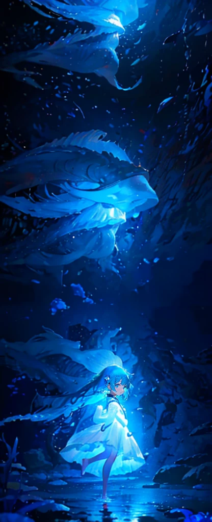 (muste piece), (best quality), very detailed, 1 girl, Solo Full Body Shot, perfect face, beautiful girl, very detailed顔，(long blue hair:1.5)，(blue eyes:1.4)，(barefoot:1.4)，(in water:1.4)，(Floating hair:1.3)，(white dress:1.4)，sink，School of small fish，Light，jellyfish，seaweed，Red fish，Yellow fish，deep sea，fantasy