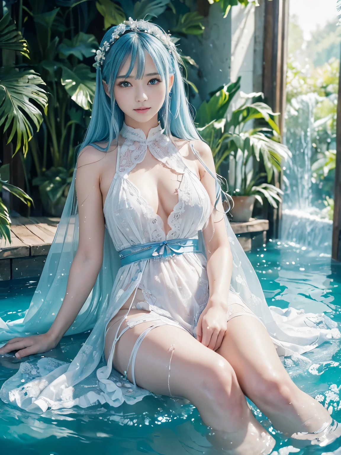 (masterpiece、Super detailed、8K、highest quality:1.5),((very cute)),best image quality, Two-dimensional beauty,long hair,sky blue hair,sensual figure,intricate details,charm, realistic texture, charmな,beautiful water world,He wears white robes all over his body,sleeveless,sit on one&#39;knees、smile、Beautiful Blue World