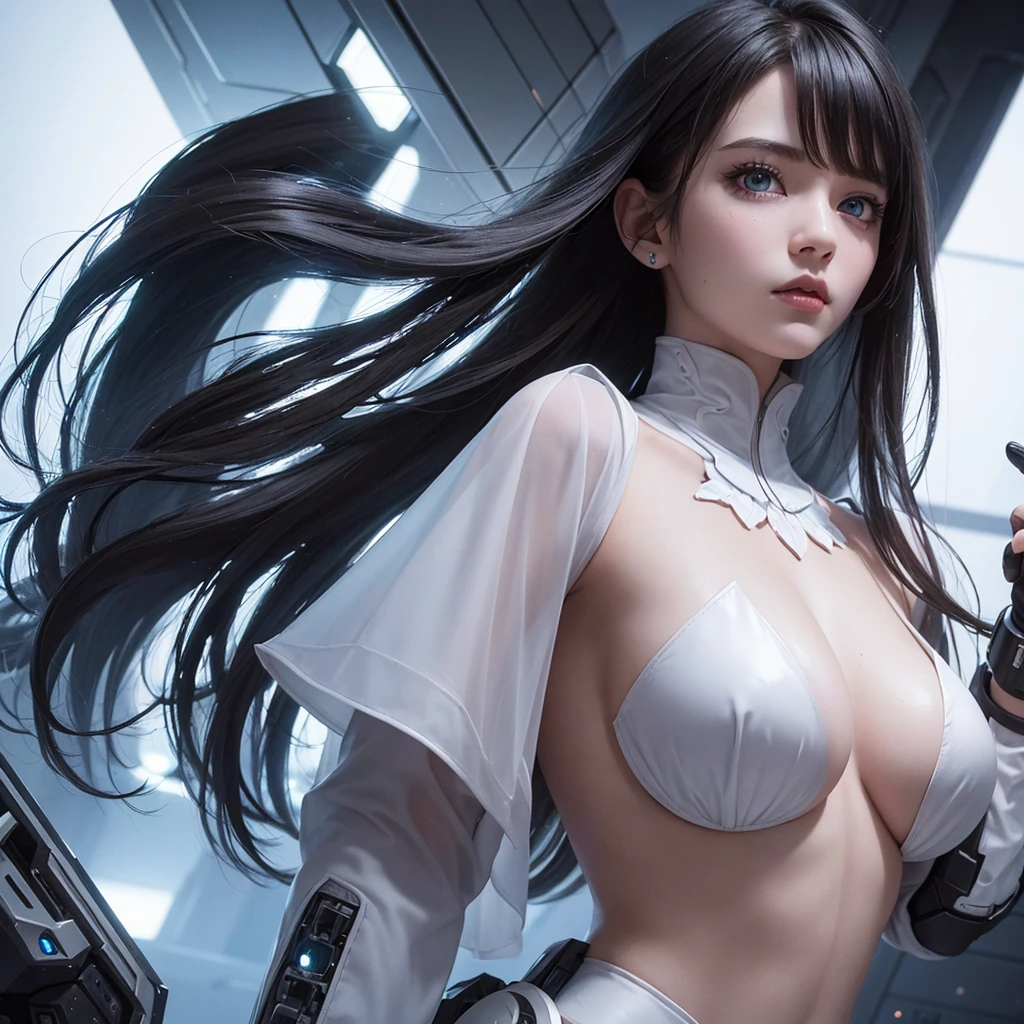 ((1 girl)), ((masterpiece)), Lovely,pretty face, blue eyes:1.2, ((black hair)), (shiny hair), nude lips, big breasts, Big , whole body, looking at the audience, masterpiece:1.5, ((Beautiful and delicate eyes)), Lovely eyes, best quality, Perfect body, shining body, (overexposure),Cinema lighting, dynamic lighting, ((Correct hand anatomy)), very high resolution, high resolution, (((Super detailed))), (extremely delicate and beautiful), (((Beautiful and delicate eyes))), depth of field, There is a woman in a white suit posing for a photo, Gothic web set, Chrome set, Dystopian sci-fi set, futuristic clothing, whole body X-Force 套装, Wear technical clothing and armor, Wearing a dark space mercenary uniform, shiny white armor, Abandoned mecha on the background, Cyberpunk Pearl Armor, cyberpunk suit, Female protagonist, Fair and translucent skin