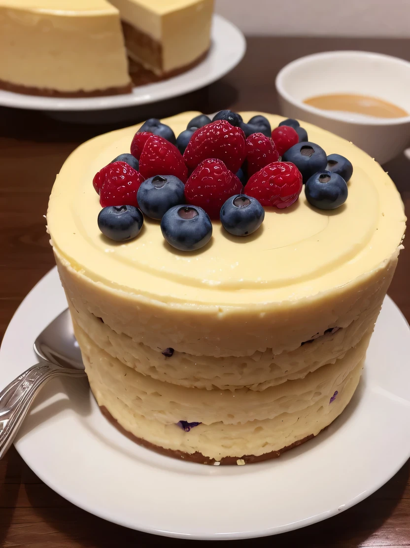 ((masterpiece、highest quality、Super detailed、High resolution、realistic、sharp focus))、((there are no humans))、high contrast、high color saturation、Notice the big cheesecake、Whole cakes、blueberry topping、stylish ceramic plate、Mug of coffee、Brick wall background、blurred background
