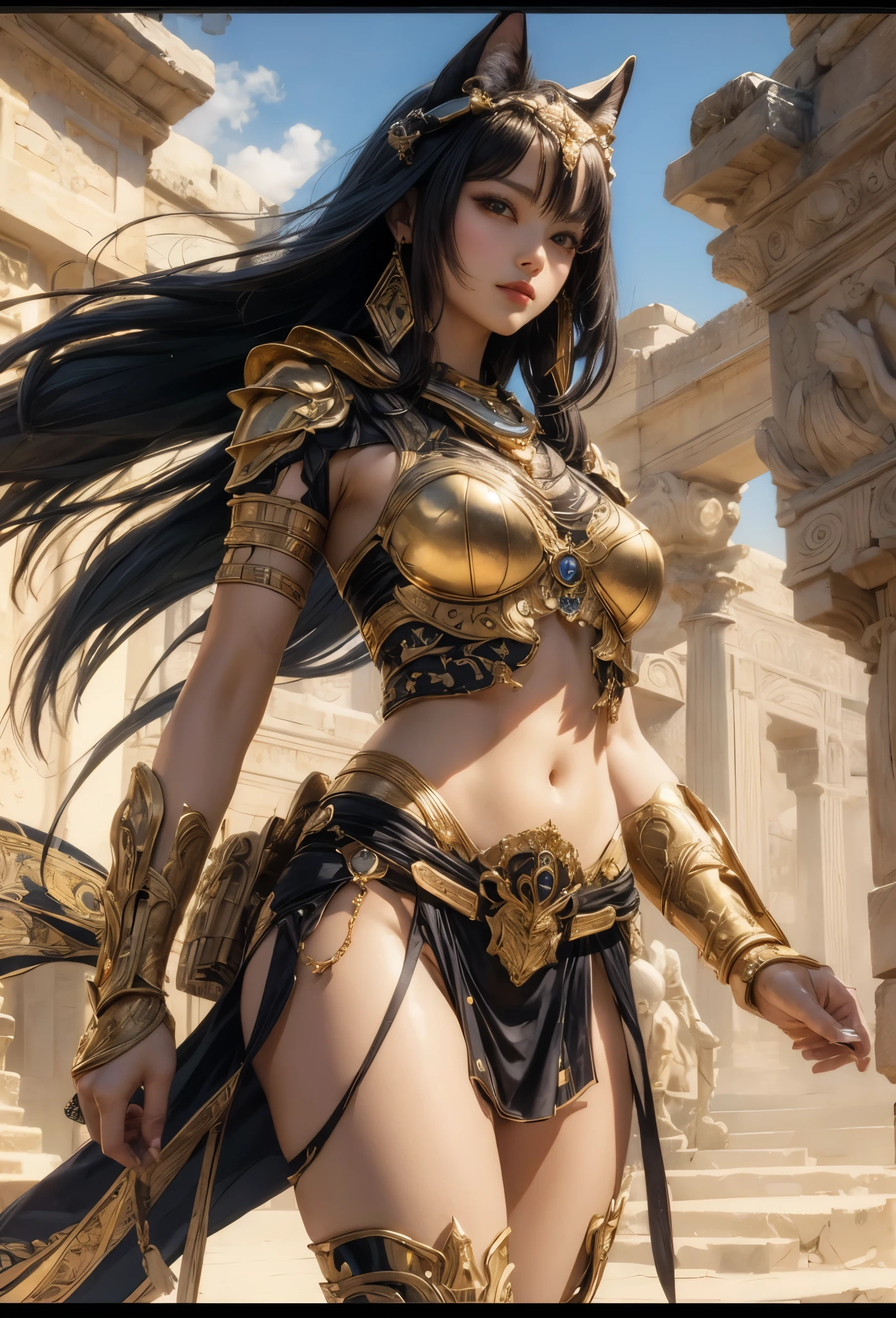 ((Highly accurate drawing in every detail)Extremely precise depiction)[High resolution],(detailed illustrations,とてもfineで緻密な描画,Delicate drawn lines with tempo,Realistic texture expression),[color traced main line],[ruins background [Ancient Egypt]],HENTAI (ANIME Girl (beautiful) 16 years old) cyborg [(tanned skin) [Lustrous black hair]],((Bastet) Beautifully decorated golden cyber armor) ([Complex decorative processing] [elegant],Gorgeous golden luster (Polished reflective luster)) [Gorgeous and luxurious],gravure,[Oparts Lost Technology [Hierograph]],(複雑でbeautiful装飾 [Dense detail]),(きめ細やかでbeautiful肌表現 [transparency]),[完璧な目のdetailed (Beautifully detailed iris)(Eyes like deep jewels)],(eyes light[Pinpoint lighting for the eyes]),[長くてbeautiful睫毛],[precisely drawn hair [美しく艷やかな髪のdetailed]],(完璧な手のdetailed [破綻のないbeautiful指 [beautiful nails]]),(perfect anatomy(perfectly balanced proportions))[[full body portrait]],[[Design built to the highest level]][ideal color coordination(Accurate simulation of light and material interactions)],([Precision Detail](detailed,高fine)),[Visual art that tells a story],((highest quality)fine[[High density drawing]])[FHD].