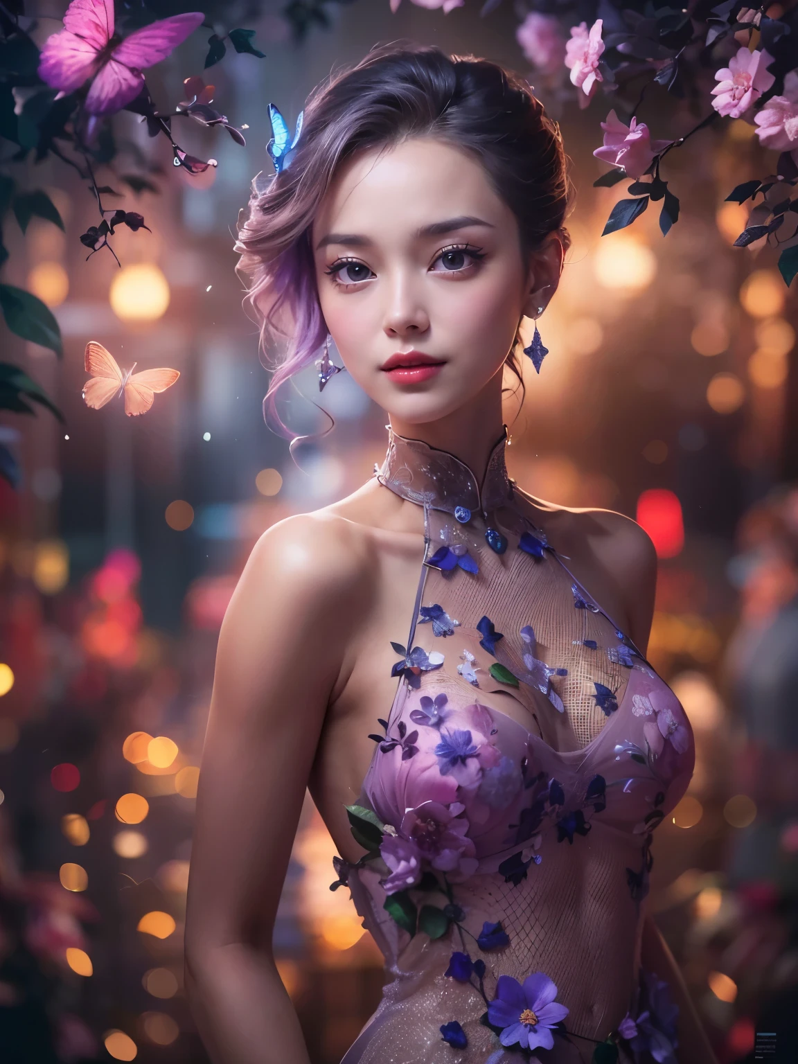 (best quality color photo of a mysterious beautiful woman in cocktail dress on a fashion magazine cover, haute couture fashion shoot:1.3),(An extremely delicate and beautiful work:1.2), (Christmas illumination, soft front light, professional lighting :1.3),(Dressed in a breathtaking and sophisticated floral dress, elegant and sophisticated fashion, floral couture, clothes made of flower :1.1), (butterfly of light,Decorations to liven up the holiday season), elegant pose, glamorous fashion pose, the divine light, with neon lights, starrysky background, simple background, (she is the embodiment of beauty and allure:1.1), detailed face, looking at viewer, detailed eyes, black eyes, lustrous lips, subtle smile, forehead ,(large breast, cleavage:1.1), Gentle and enigmatic expression, High color saturation, surrealism ,(best quality, masterpiece, ultra detailed, ultra high res, photorealistic, raw photo, absurdres, absolutely resolution:1.4)