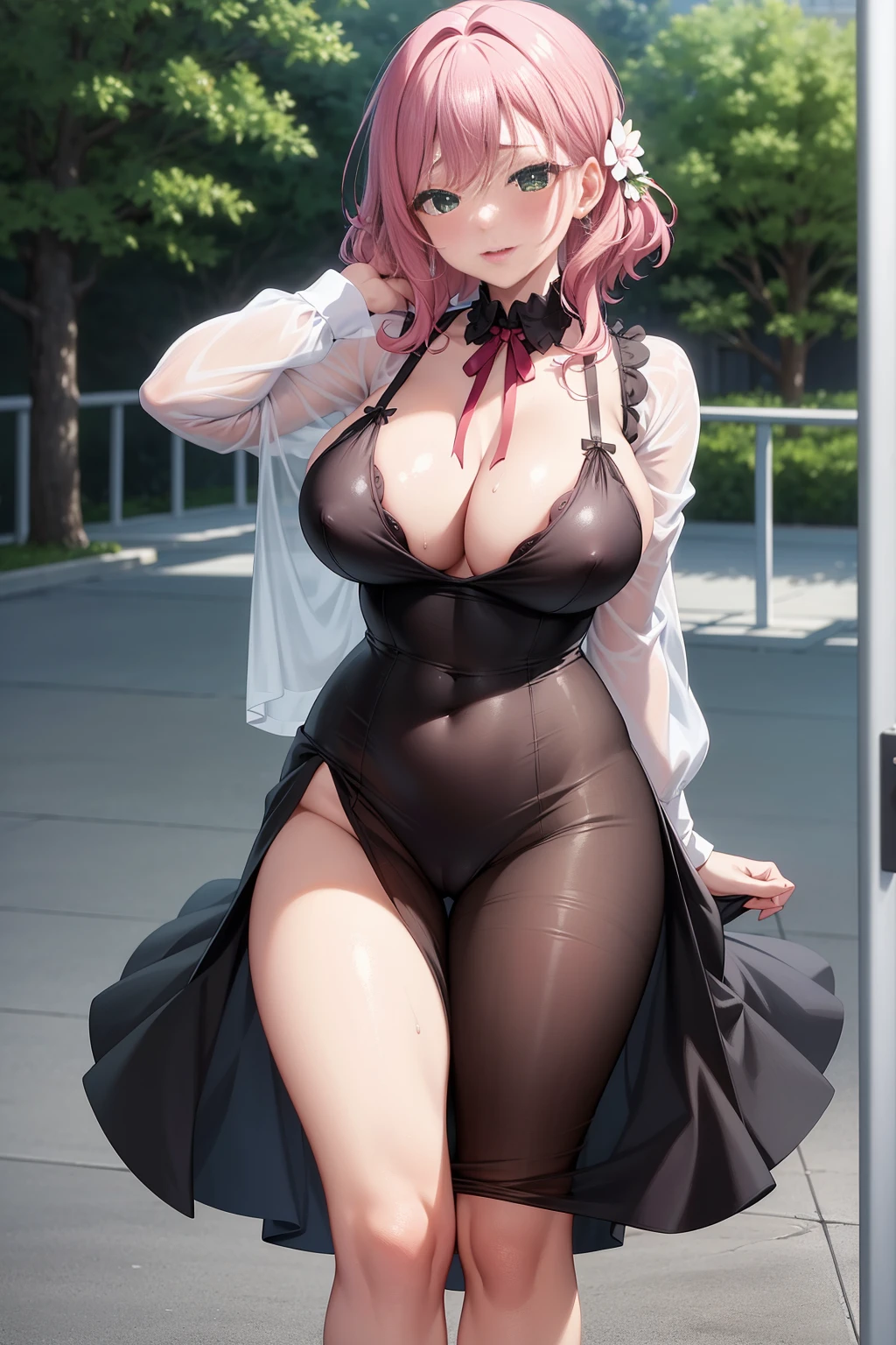 eaArt bot upscaling default is 22:25:26k wallpaper, masterpiece, highest quality, Super detailed, 30~40 years, full body shot, mature woman, beautiful mature woman, nightgown and underwear, enchanting smile, thick lips, Chubby lips, blush, looking at the viewer, provocative expression, short hairstyle, cleavage, Plump、curvy hips、attractive face、naughty face、sexy lingerie 、an inviting gaze、Expression of emotions、(((Lewd underwear)))、erotic see-through lingerie set、Standing position、gorgeous accessories、raise your butt, from below, (NSFW: 1.4)、exposed chest、(((gasping face)))、Openwork decoration,(((see through dress)))、(((R-18)))、Hakari_Whirlpool, pink hair, medium hair, hair ornaments, hair flower, green eyes, school uniform, black skirt, mini skirt, pleated skirt, black jacket, white shirt,collared shirt, long sleeve, neck ribbon,ribbon, thighs, big breasts, Are standing, cowboy shot, looking at the viewer, outdoor, blush, 1 girl, (masterpiece:1.3), (High resolution), (8K), (very detailed), (4K), (pixiv), perfect face, Nice eyes and face, (highest quality), (Super detailed), detailed face and eyes, (alone), rough skin, confused, High resolution、beautiful eyes、,(((see through dress)))、(((masturbation)))、