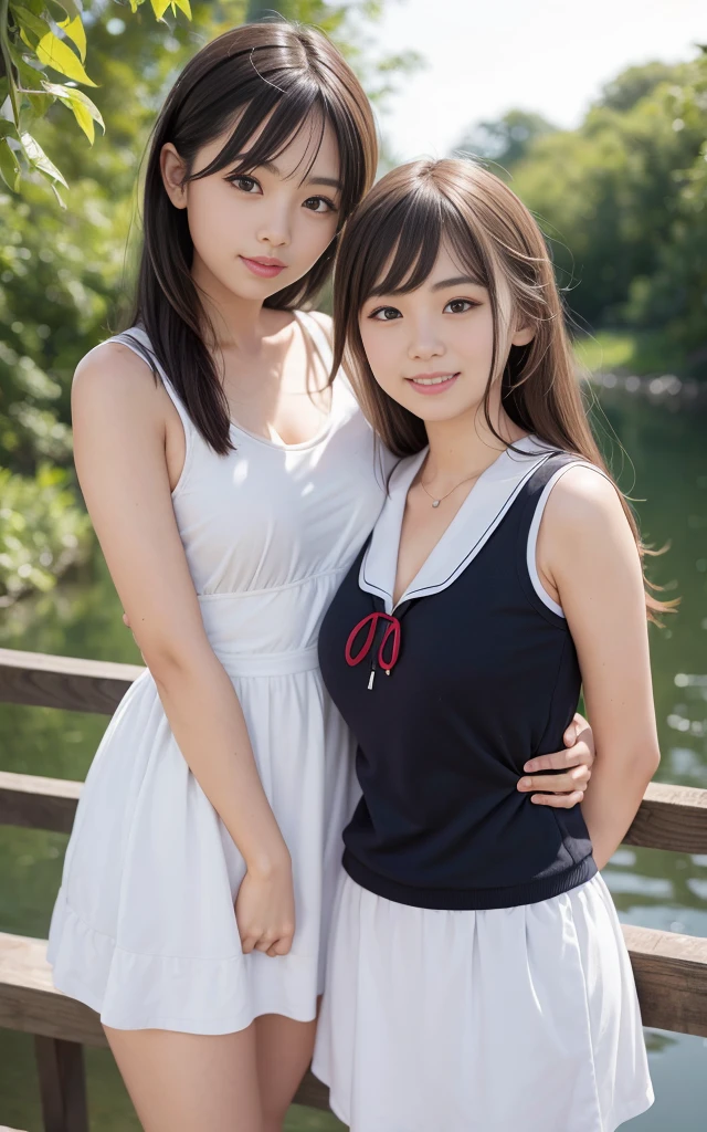 (2 girls of the same age:1.2) , Couple focus, japanese girl, Lovely, Number 14, Upper body, cheek to cheek,permanent,high saturation, Sleeveless sailor suit,Double tail, (Smile), Hair ring, low contrast, best quality, ultra high definition, Photorealistic, Super detailed, 8k, original photo,