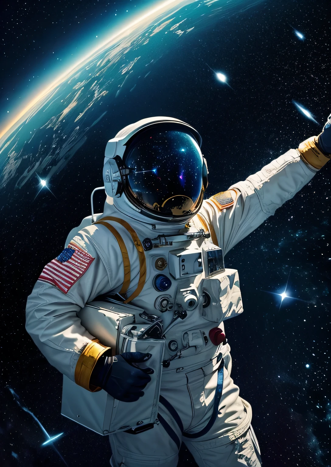 Create a poster where the astronaut embarks on a starry odyssey, surrounded by vivid constellations and radiant colors, evoking a sense of cosmic wonder vector illustration