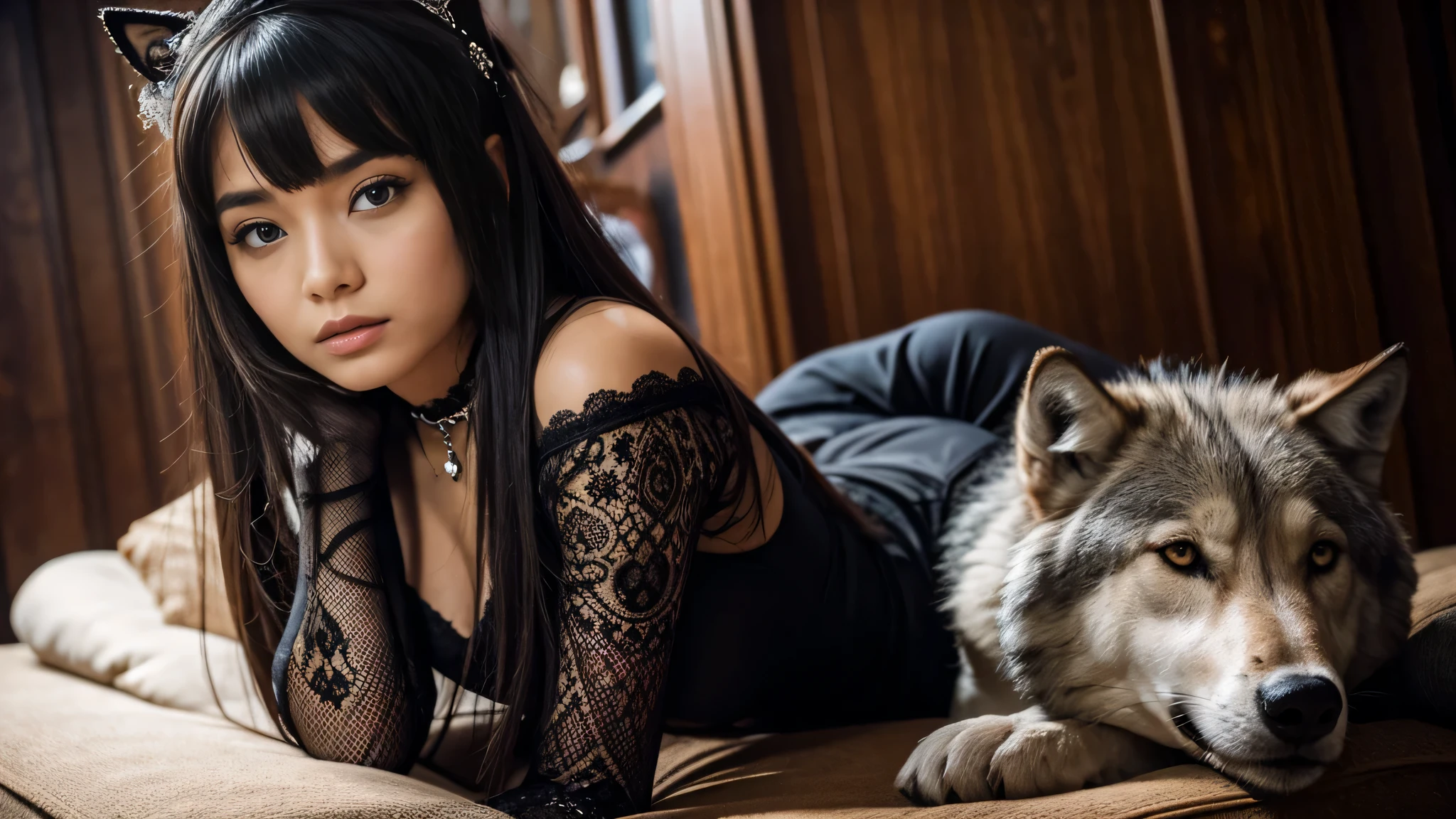 KIDS menina cabelo longo prateado UM LOBO., with symbolic gothic net clothing,。um close-up em um trono.
