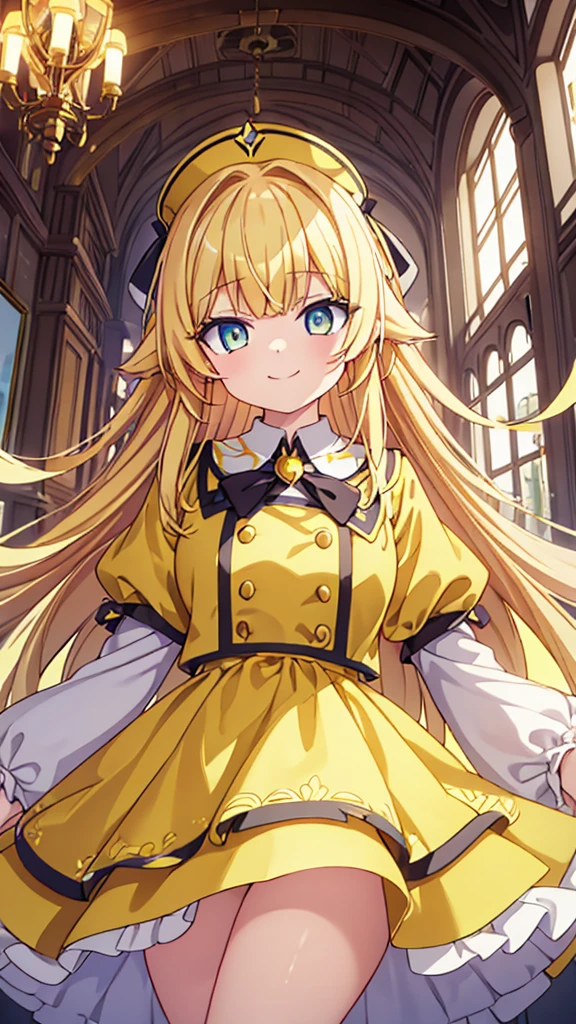 Yellow hairs、Beautiful flowing uniform、beautiful limbs、Girl with thick thighs、shot from below、high angle、condescending smile、Eyes of Light、Big Eyed Girl、紫の瞳、瞳孔が開いている女の子