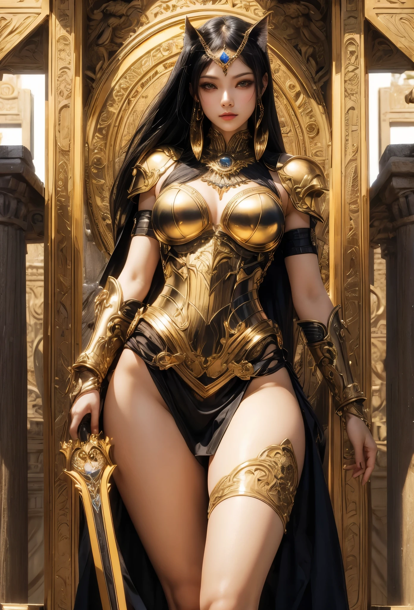 ((Highly accurate drawing in every detail)Extremely precise depiction)[High resolution],(detailed illustrations,とてもfineで緻密な描画,Delicate drawn lines with tempo,Realistic texture expression),[color traced main line],[ruins background [Ancient Egypt]],HENTAI (ANIME Girl (beautiful) ) cyborg [(tanned skin) [Lustrous black hair]],((Bastet) Beautifully decorated golden cyber armor) ([Complex decorative processing] [elegant],Gorgeous golden luster (Polished reflective luster)) [Gorgeous and luxurious],gravure,[Oparts Lost Technology [Hierograph]],(複雑でbeautiful装飾 [Dense detail]),(きめ細やかでbeautiful肌表現 [transparency]),[完璧な目のdetailed (Beautifully detailed iris)(Eyes like deep jewels)],(eyes light[Pinpoint lighting for the eyes]),[長くてbeautiful睫毛],[precisely drawn hair [美しく艷やかな髪のdetailed]],(完璧な手のdetailed [破綻のないbeautiful指 [beautiful nails]]),(perfect anatomy(perfectly balanced proportions))[[full body portrait]],[[Design built to the highest level]][ideal color coordination(Accurate simulation of light and material interactions)],([Precision Detail](detailed,高fine)),[Visual art that tells a story],((highest quality)fine[[High density drawing]])[FHD].