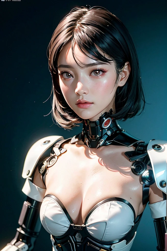 Complex 3D rendering of ultra-detailed porcelain girl, 1 girl, (natural skin texture, actual eye details:1.2), part, beautiful soft light, rim light, Vibrant details, Luxury Cyberpunk, hyperactual, anatomical, face muscles, Cable wire, microchip, elegant, beautiful background, octane rendering, apple style, 8k, best quality, masterpiece, illustration, extremely delicate and beautiful, CG, Unite, wallpaper, (actual, photo-actual:1.2), Astonishing, fine details, masterpiece, best quality, official art, extremely detailed CG Unite 8k wallpaper, Extremely ridiculous, sexy, Mechanical skeleton, Android, Surrealism, Doomsday wasteland, (high-tech prosthetics:1.2), Fluffy black short hair, Perfect body, Navy blue glowing cyber ship