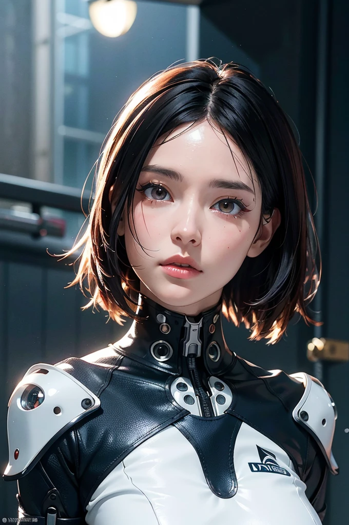 Complex 3D rendering of ultra-detailed porcelain girl, 1 girl, (natural skin texture, actual eye details:1.2), part, beautiful soft light, rim light, Vibrant details, Luxury Cyberpunk, hyperactual, anatomical, face muscles, Cable wire, microchip, elegant, beautiful background, octane rendering, apple style, 8k, best quality, masterpiece, illustration, extremely delicate and beautiful, CG, Unite, wallpaper, (actual, photo-actual:1.2), Astonishing, fine details, masterpiece, best quality, official art, extremely detailed CG Unite 8k wallpaper, Extremely ridiculous, sexy, Mechanical skeleton, Android, Surrealism, Doomsday wasteland, (high-tech prosthetics:1.2), Fluffy black short hair, Perfect body, Navy blue glowing cyber ship
