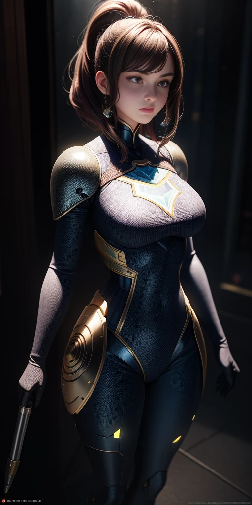 majestic, 20 year old girl, Invisible armor dress, big breasts:1.3, Cyberprep, Amigurumi, portrait, zbrush rendering, motion blur, interactive, Clean colors, Dream nucleus, Flashlight lighting, Realistic dramatic lighting, Highly detailed environment, quality, Redshift rendering, 8K