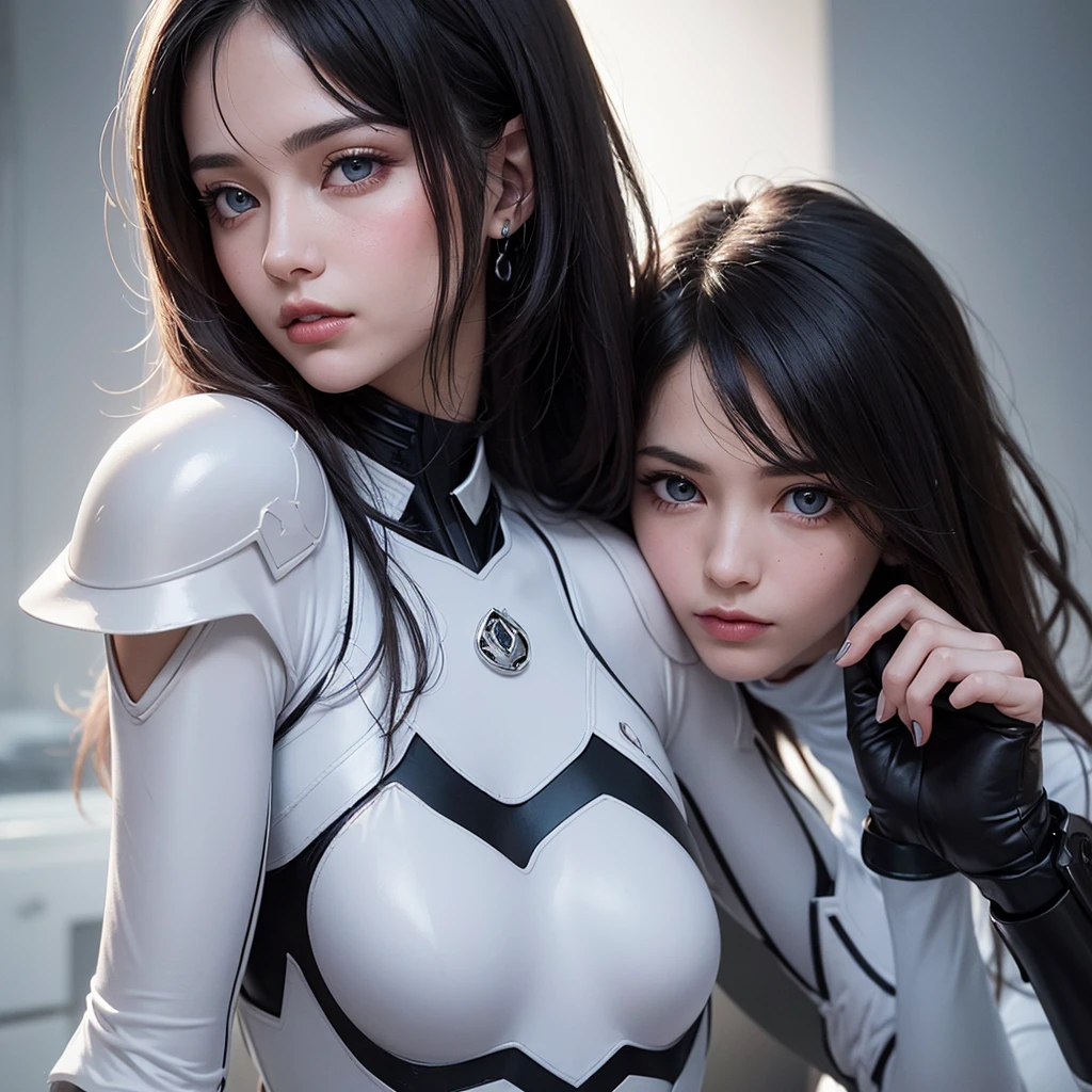((1 girl)), ((masterpiece)), Lovely,pretty face, blue eyes:1.2, ((black hair)), (shiny hair), nude lips, big breasts, Big , whole body, looking at the audience, masterpiece:1.5, ((Beautiful and delicate eyes)), Lovely eyes, best quality, Perfect body, shining body, (overexposure),Cinema lighting, dynamic lighting, ((Correct hand anatomy)), very high resolution, high resolution, (((Super detailed))), (extremely delicate and beautiful), (((Beautiful and delicate eyes))), depth of field, There is a woman in a white suit posing for a photo, Gothic web set, Chrome set, Dystopian sci-fi set, futuristic clothing, whole body X-Force 套装, Wear technical clothing and armor, Wearing a dark space mercenary uniform, shiny white armor, Abandoned mecha on the background, Cyberpunk Pearl Armor, cyberpunk suit, Female protagonist, Fair and translucent skin