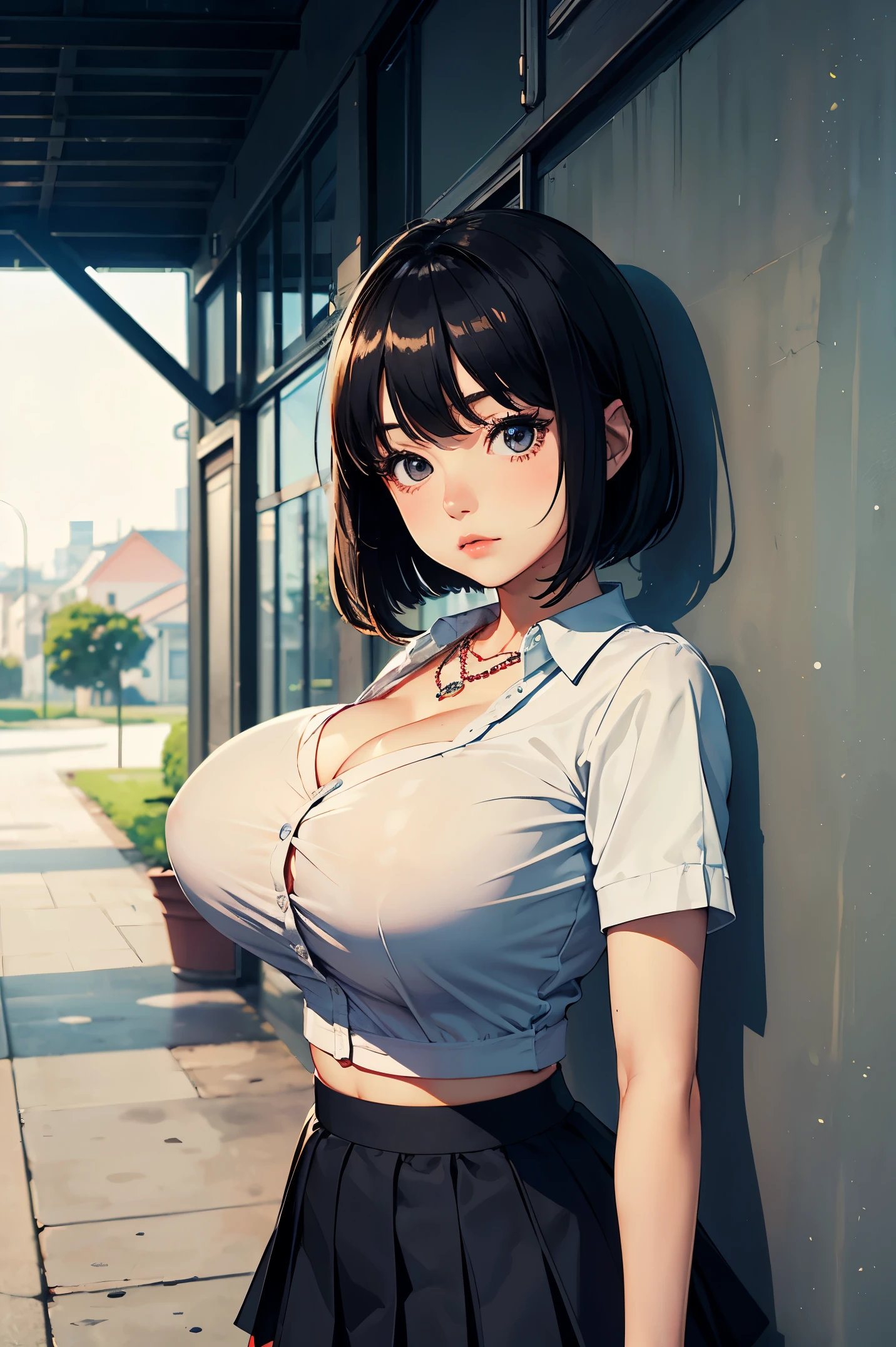 20 year old woman、(masterpiece:1.4)、(highest quality:1.4)、ultra high resolution、A little anime style、beautiful features、black short bob、collared shirt、necklace、Tight Skirt、black tights、(huge breasts:1.2)、red face、a shy look、Stand against the wall、Arms behind the body