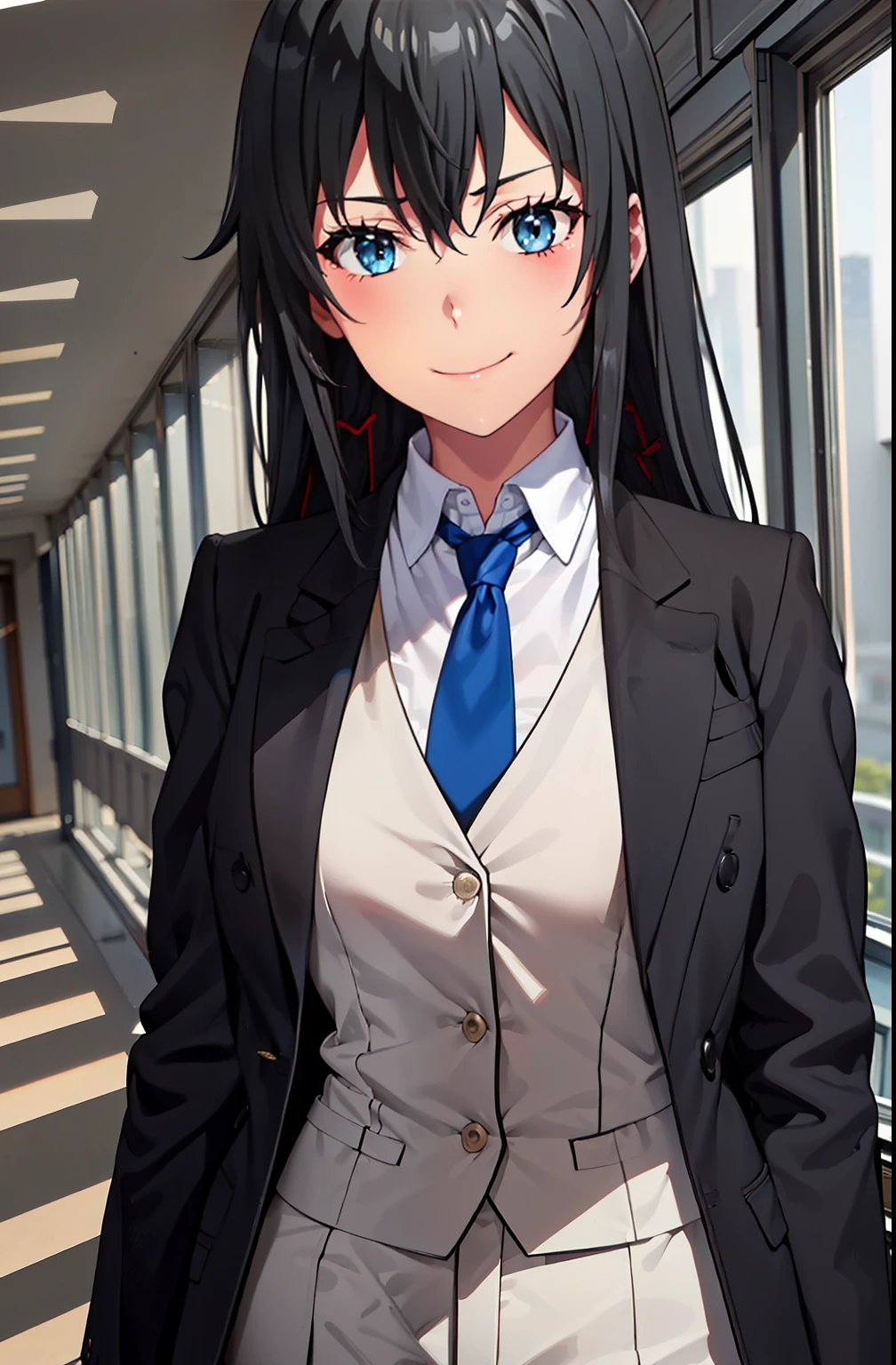 ((best quality)), ((masterpiece)), (detailed) 1girl 1girl, ;\), blurry, blurry_background, breasts, , hair_long , looking_at_viewer, ok_sign, one_eye_closed, open_hand, Yukinoshita Yukino ,Woman wearing formal clothes, An attractive coat stands in a large gap in the room , 1girl, 独奏, blue necktie, Black hair, eyes blue, long hair, smile , collared shirt, white pants, white shirt , Elegantly designed coat , Stand in front of a window ,Perfectly tailored tailcoat. It has a stunning Victorian design and is made of lustrous fabric , soft thighs , full body