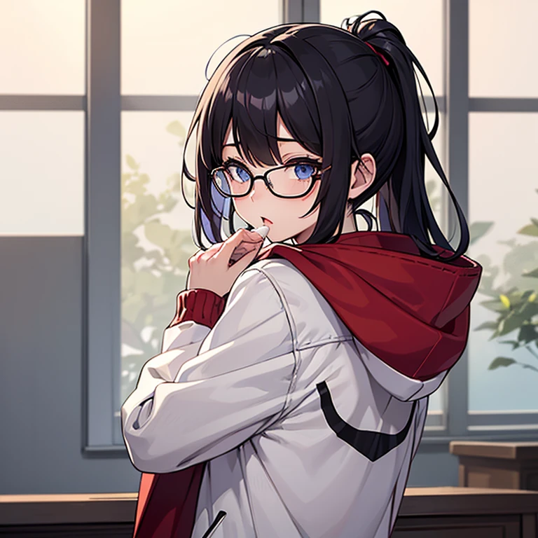 messy hair、dull bangs、ponytail、messy hair、Sloppy、cross-eyed、drunk、looked back、( fool / Sexual ecstasy)、looked back、Glasses、highest quality, Super delicate illustration, Beautiful charming anime girl, slender body, tied hair, one girl,wearing a hood,hoodie、blowjob、semen、Bukkake