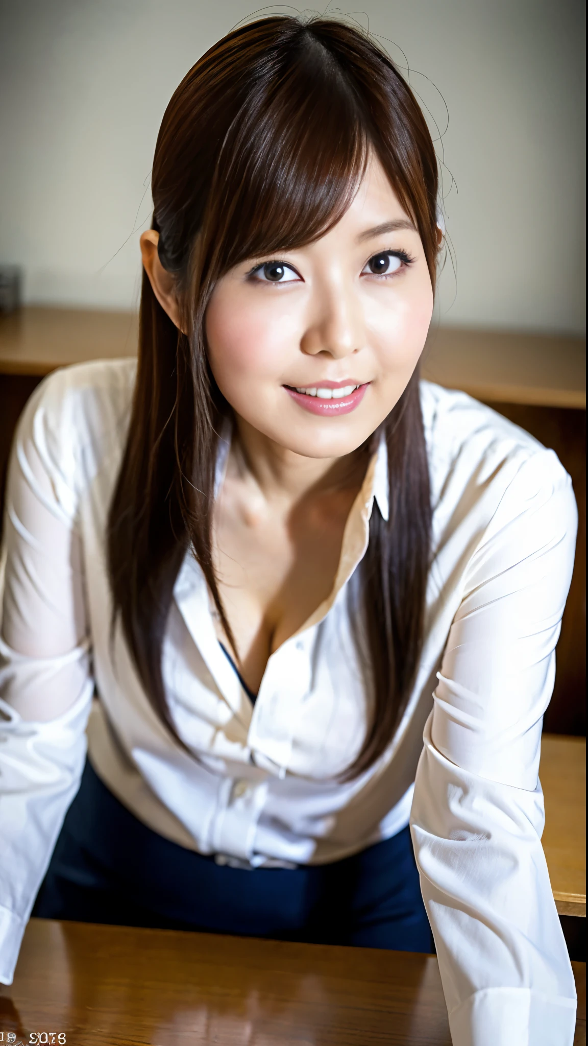 (Best quality, 8k, 32k, Masterpiece, UHD:1.2), 1 girl, ((cowboy shot)), beautiy Japanese office lady, (smile:0.5), (looking at the viewer), bit chubby, grey suit, white shirt, office room, desk, from below,