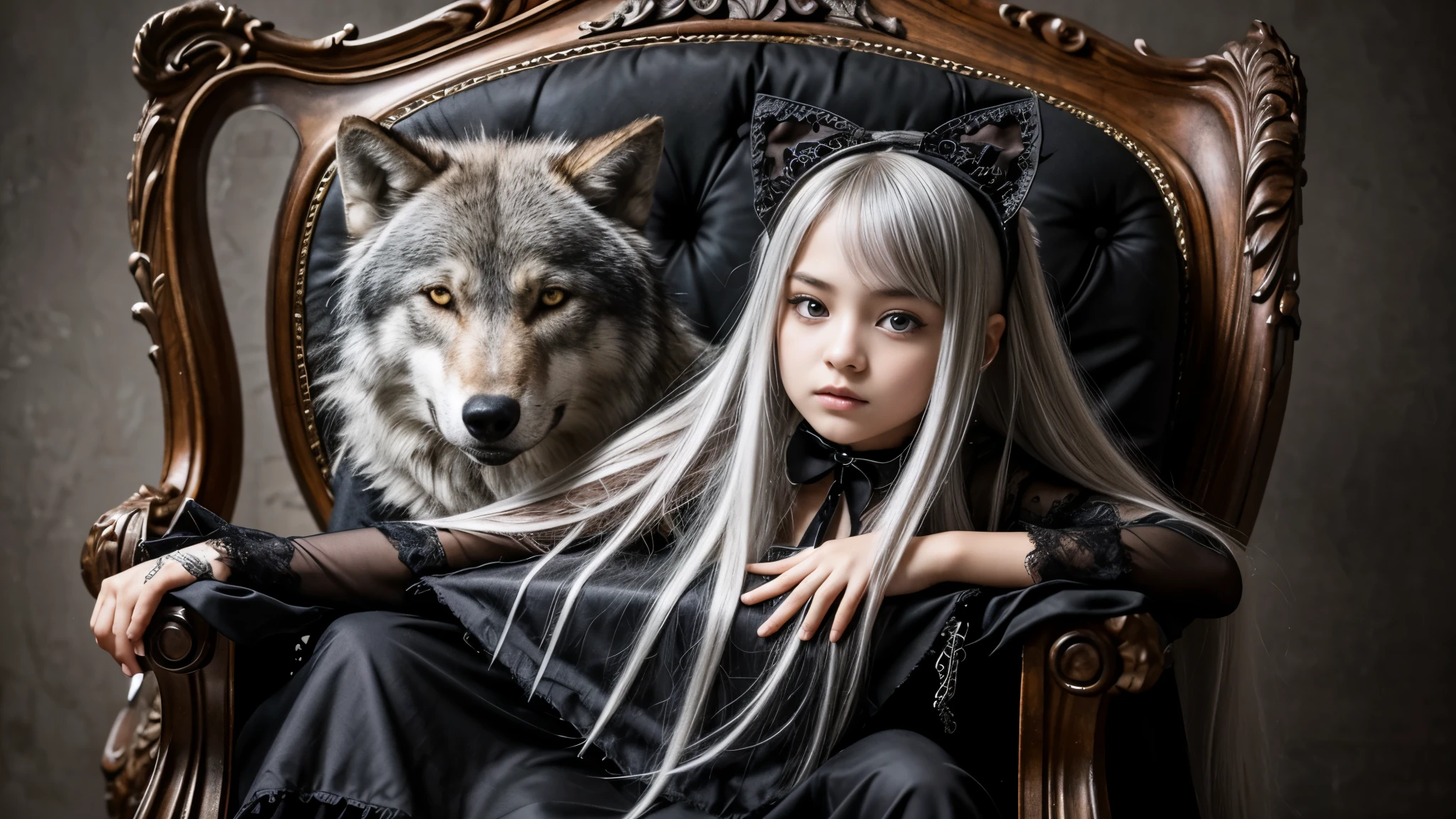 KIDS girl long silver hair And WOLF., with gothic net symbolic clothes,。a close-up on a throne.