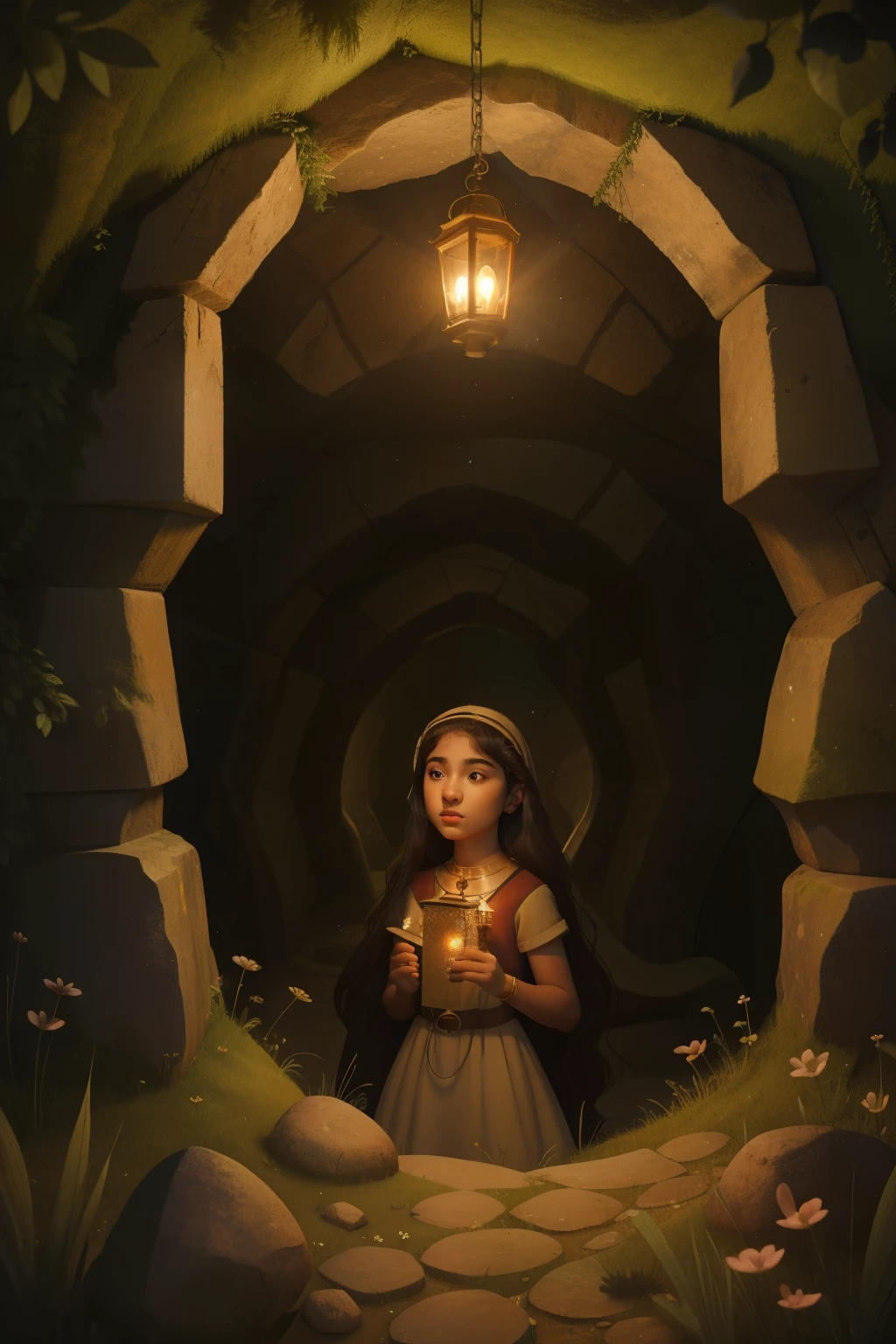 Within the mystical caverns beneath an English hillside in the 2010s, a sixteen-year-old Arab girl, with a lantern and a mystic amulet, bravely explores hidden passages, her presence awakening ancient spirits and illuminating the subterranean world with an ethereal glow.