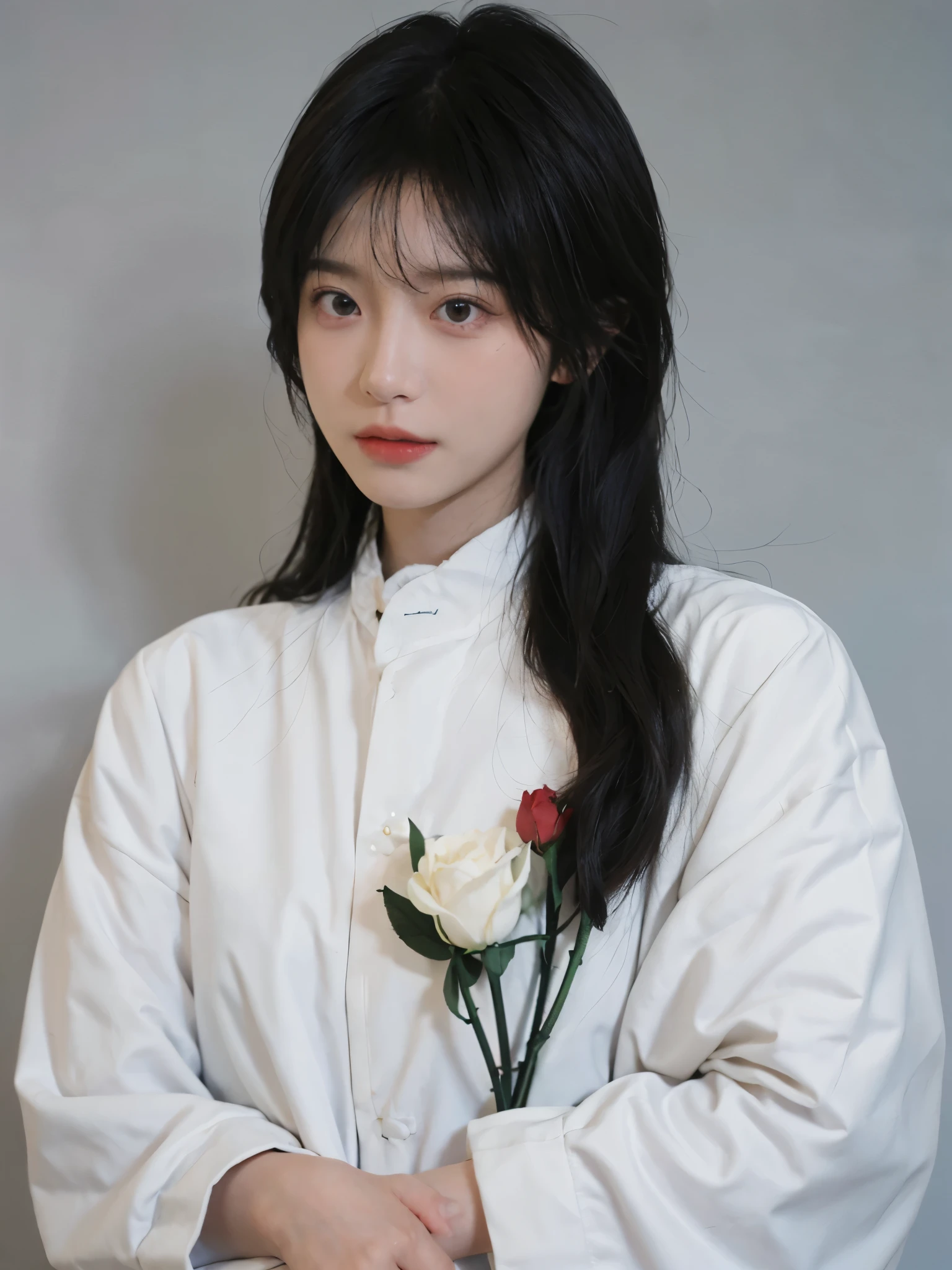best quality， ultra high resolution， White background，（realistically：1.4）， 2 girls， White leather clothes，twin? Red rose，A pair of eyes as clear as snow,Royal sister，looking at the audience， close up ，