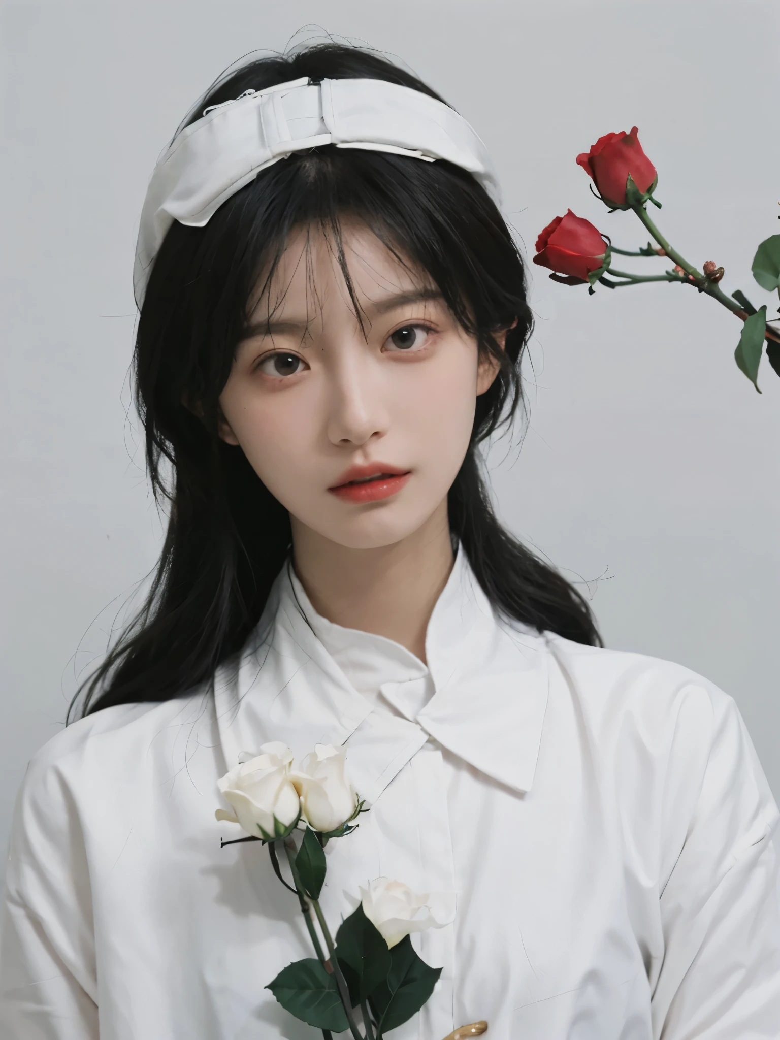 best quality， ultra high resolution， White background，（realistically：1.4）， 2 girls， White leather clothes，twin? Red rose，A pair of eyes as clear as snow,Royal sister，looking at the audience， close up ，