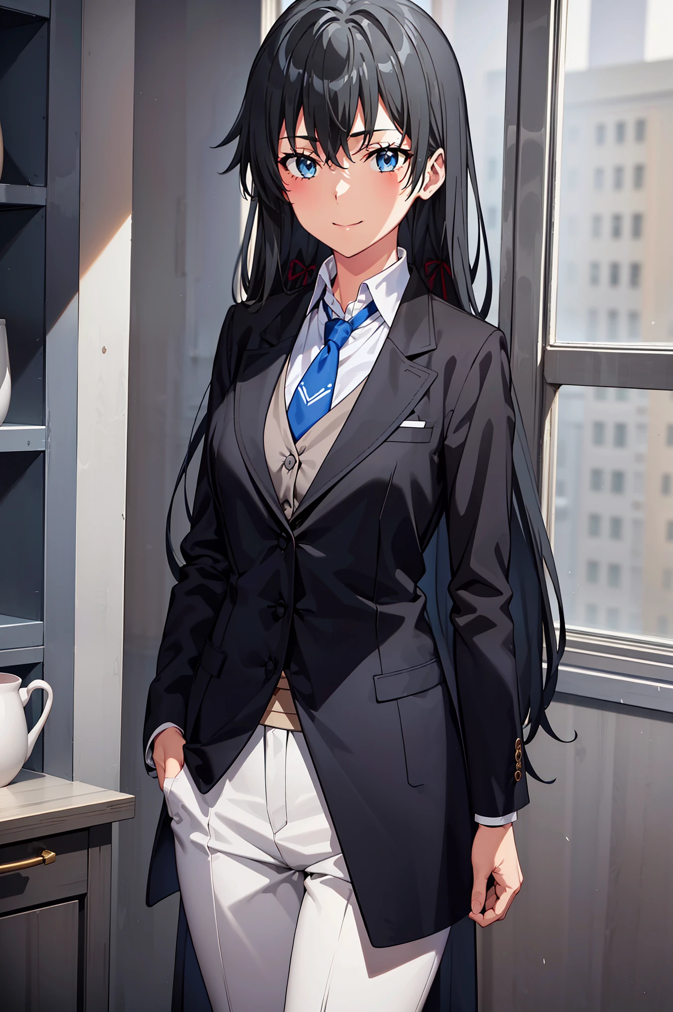 ((best quality)), ((masterpiece)), (detailed) 1girl 1girl, ;\), blurry, blurry_background, breasts, , hair_long , looking_at_viewer, ok_sign, one_eye_closed, open_hand, Yukinoshita Yukino ,Woman wearing formal clothes, An attractive coat stands in a large gap in the room , 1girl, 独奏, blue necktie, Black hair, eyes blue, long hair, smile , collared shirt, white pants, white shirt , Elegantly designed coat , Stand in front of a window ,Perfectly tailored tailcoat. It has a stunning Victorian design and is made of lustrous fabric , soft thighs , full body