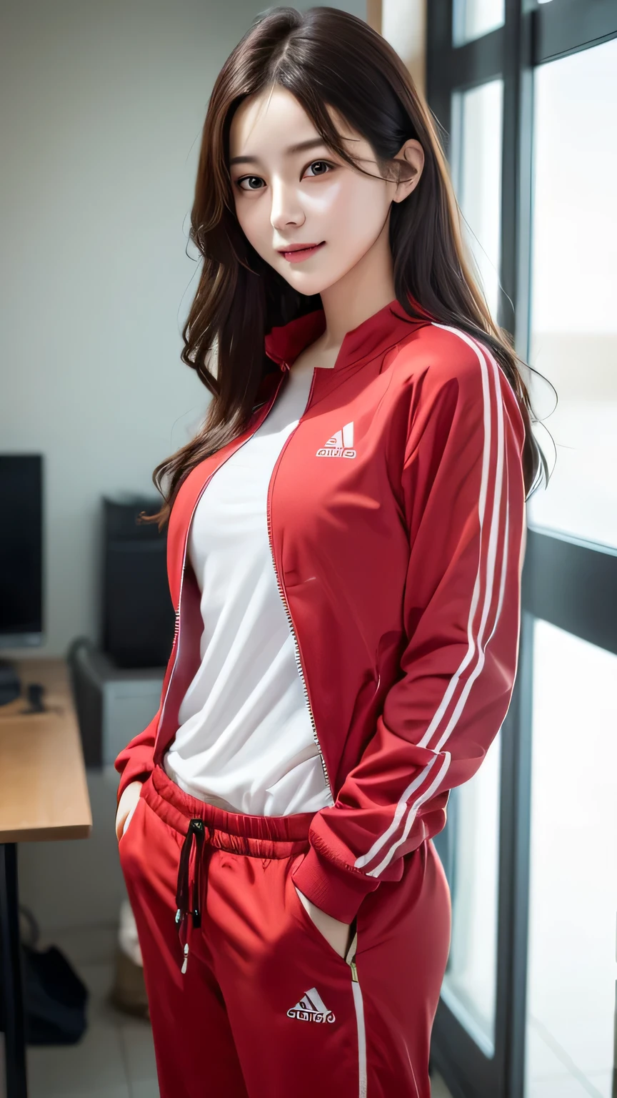 ((Red long tracksuit for upper body)), ((The lower part of the body is bare)), ((Light blue panties made of cotton material)), ((Show panties)), dining room, Sit on a dining chair, Smiling smile, 1girl in, 独奏, 18year old, 7headed body, Ideal ratio body proportions, (Composition from head to thigh), erectile nipple, Wet, short-hair, A dark-haired, With bangs, small tits, A slender, Small buttocks, beauty legs, Skinny Legs, surrealism, Cinematic lighting, depth of fields, One-person viewpoint, F/1.8, 135 mm, nffsw, masutepiece, ccurate, ((Anatomically correct)), Textured skin, Super Detail, high details, High quality, awardwinning, Best Quality, hight resolution, 8K
