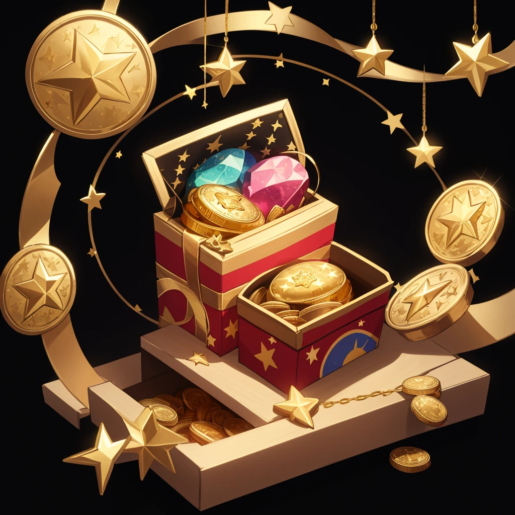 A gift box, gems, gold coins, patterns, stars,
high-definition, game icons, patterns, black background
