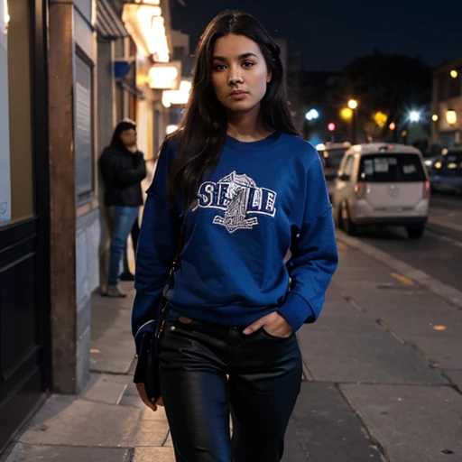 chica de piel no muy negra, sudadera color azul, pants torn on the legs, caminamdo en la noche frente de un cafe