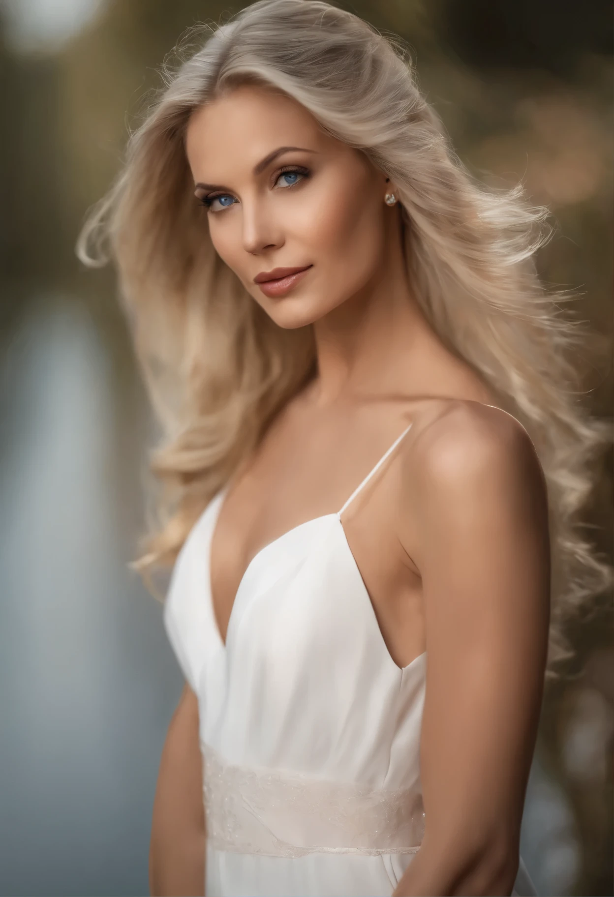 a beautiful woman, 30 Jahre alt, helle Haut, slim body, glattes platinblondes Haar, lange Haare, stilvoller Haarschnitt, welliges Haar, attraktives Gesicht, attractive natural face, blaue Augen, detailliertes Gesicht, vollen Lippen, Complete body photo, Hintergrundbild in neutraler Farbe, wenig make up, unreine haut bearbeitet in Adobe Premiere, 8 TAUSEND