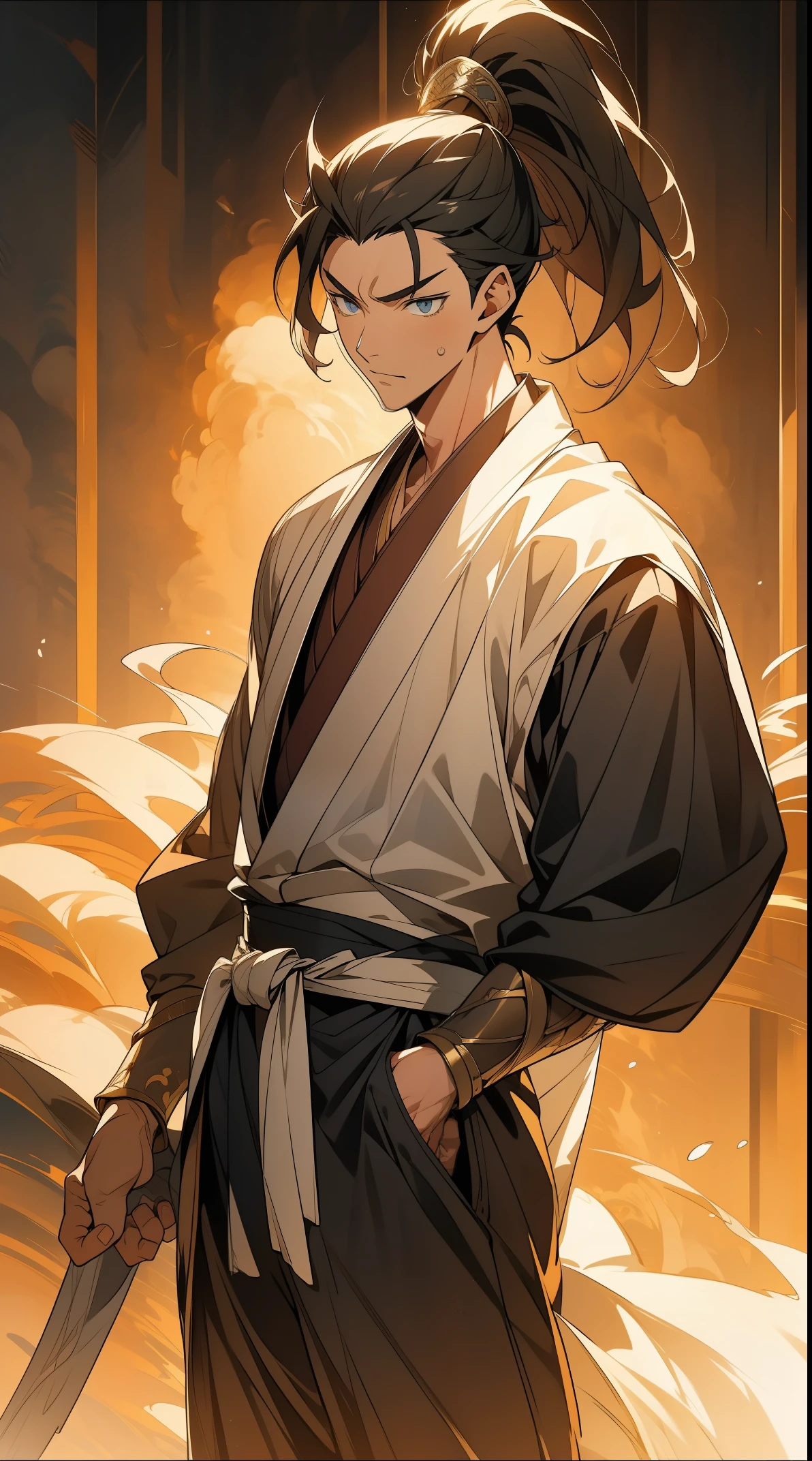 Two dimensions，anime style，one person（male warrior），proportions are correct，facial details，swordsman，high ponytail hairstyle，neck detail，Have an Adam&#39;s apple，Black period costume，joke，black toga，clothing details，Handing over，long sleeves，Game quality，fencing，Ray tracing，Ray tracing，Detailed glow，CG rendering，hair details，long black hair，blue eyes，Handsome，Handsome，（Youthful feeling），Clothing is complicated，Perfect composition，refine，high quality，higher details，many details，Complex background，a sense of atmosphere，