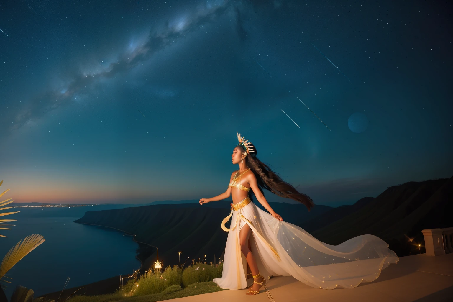 On the starlit terrace of an English palace in the 2000s, a thirteen-year-old Native Hawaiian girl, with a celestial headdress and a flowing gown, orchestrates a celestial dance with the constellations, creating a breathtaking display of astral movement against the majestic backdrop of the night sky.