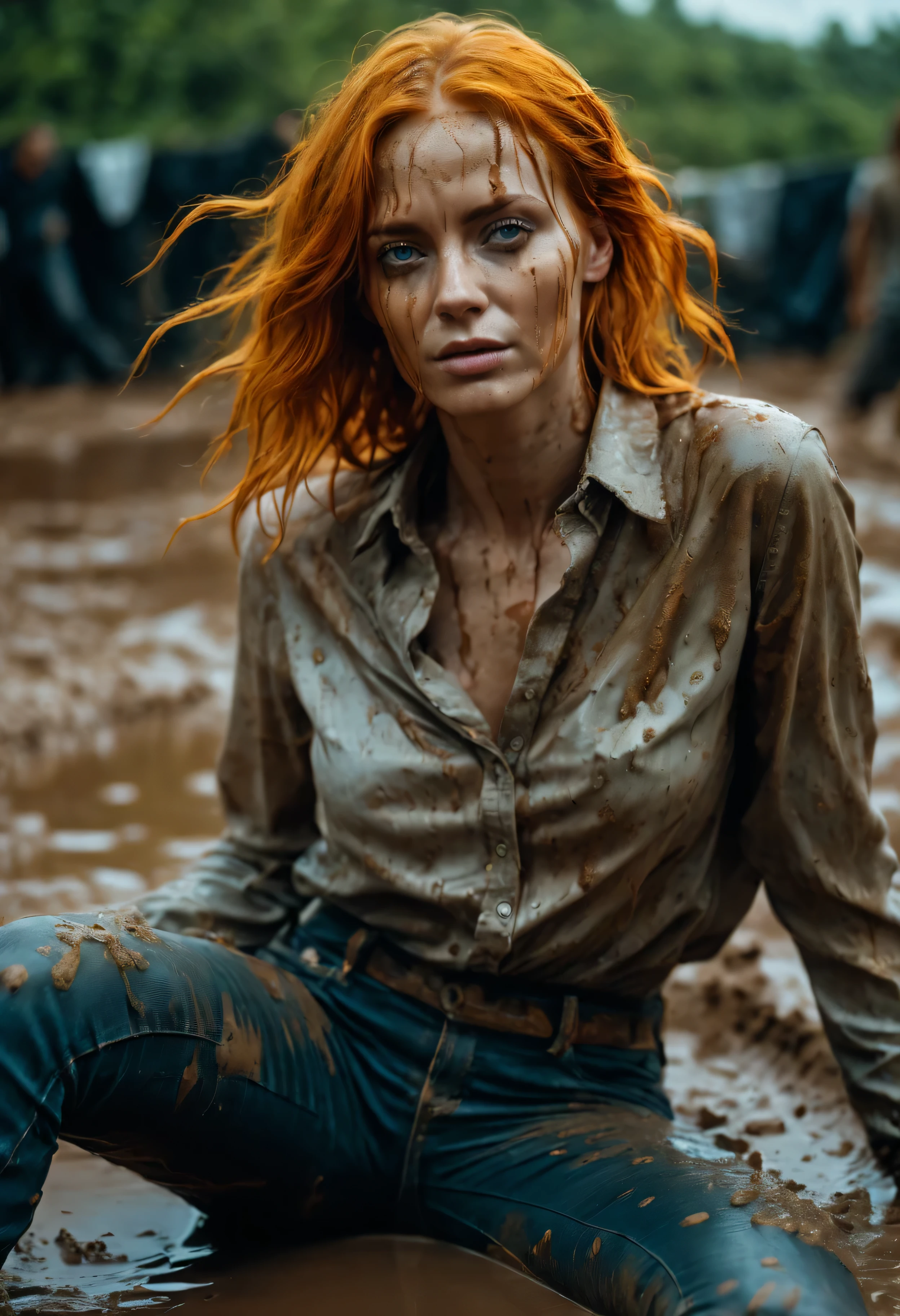 photograph of orange-haired woman in jeans and blouse, indulging in shameful fetish with desparation and ecstasy, in mud bath, full body, stoic cinematic 4k epic detailed 4k epic detailed photograph shot on kodak detailed bokeh cinematic hbo dark moody, detailed face, natural skin texture, 