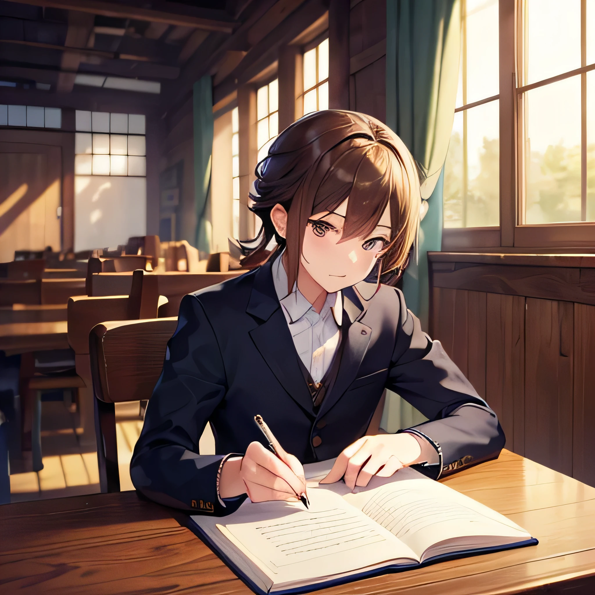 Please draw an avatar,Love learning,Write homework,wooden writing desk,There is an open window behind,and fluttering curtains,Detailed characterization,Handsome boy