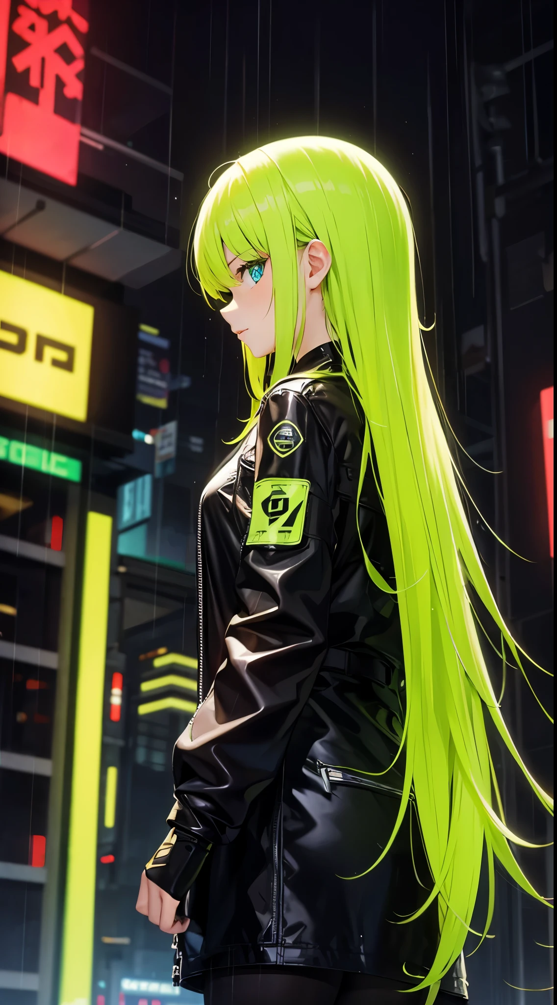 Neo, futuristic, Cyberpunk, lime and neon, 1 monochromr girl, rain, sad, long hair, wet clothes, umbrella