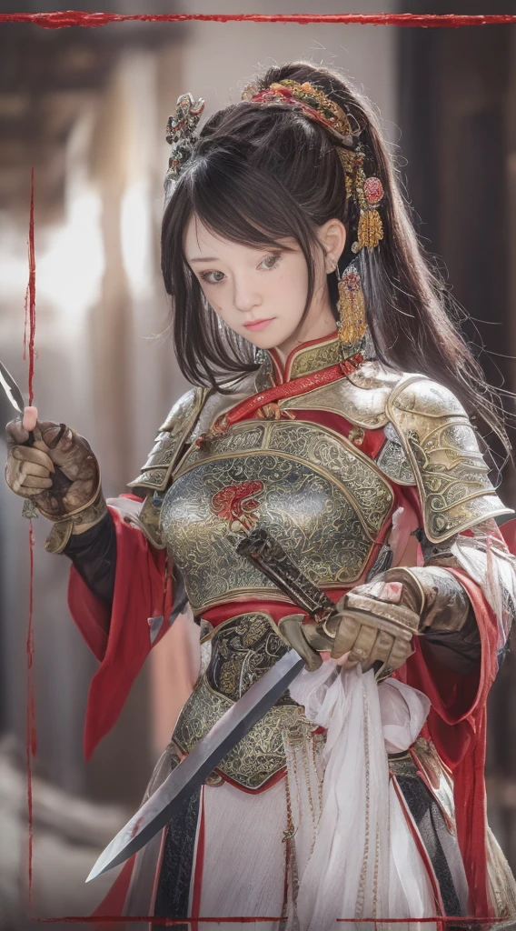 A professional portrait photo，masterpiece，top Quority，A Chinese female knight，18 years old，Black high ponytail short hair、Exquisite  fat face，The skin is delicate and white，(((( There are knife wounds on the body，Tears and lots of blood))))，Plump and slightly fat，Cocked buttocks，（The protagonist holds a long knife），(((( Deep groove in crotch))))，(( Wearing red Tang Dynasty Mingguang armor))，(( No))，At Longmen Inn，4K，art station，Surrealism，complex细节，powerful，edge lighting，Diffraction grading，RTX，AI facial depiction，AI texture，Highly realistic photos，high definition，Uncensored，Super Analysis，Surrealism，concept art，grace，Highly detailed，complex，clear focus，Suitable depth of field，f/1.8，85mm，medium shot，medium shot拍摄，(((Professionally graded))),Bright, soft scattered light，(volumetric fog)，(( Delicate facial depiction))，