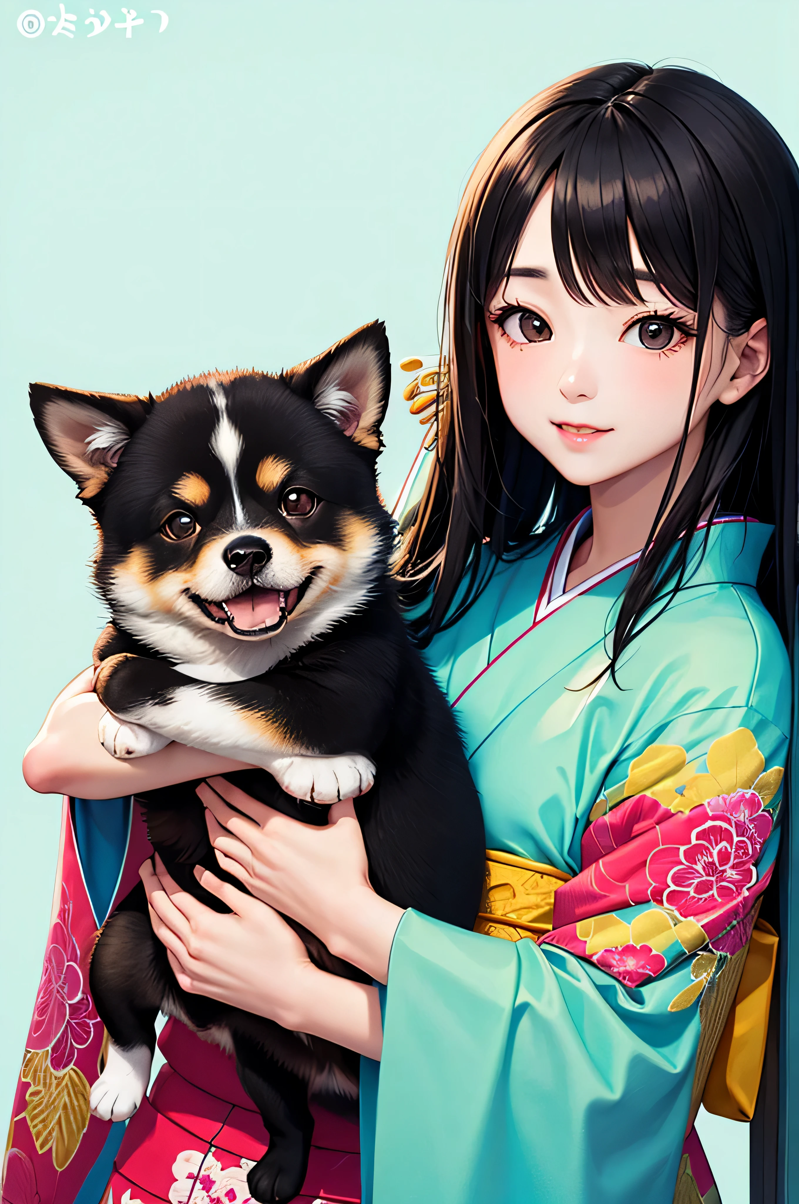 shiba inu(puppy、black、round eyes、kimono)
With background(Green and blue)