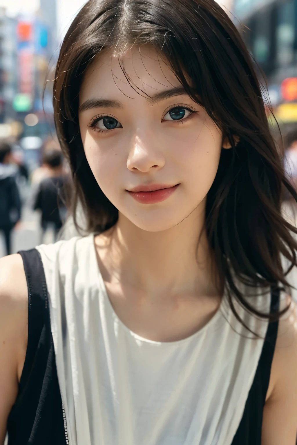 8k, masterpiece, best quality, lifelike, Super detailed, 1 girl, Asian, athletic body, lifelike皮肤纹理, (breast:1.0), (Smile:1.0), Gaze at the viewer, short length T-shirt, Tight T-shirt, tight vest, Sweatpants, Miniature miniskirt, Very sexy, (split), light, Face focus, beautiful eyes, Detailed face, Well-lit face, sunlight, close-up, The streets of Shibuya, Tokyo