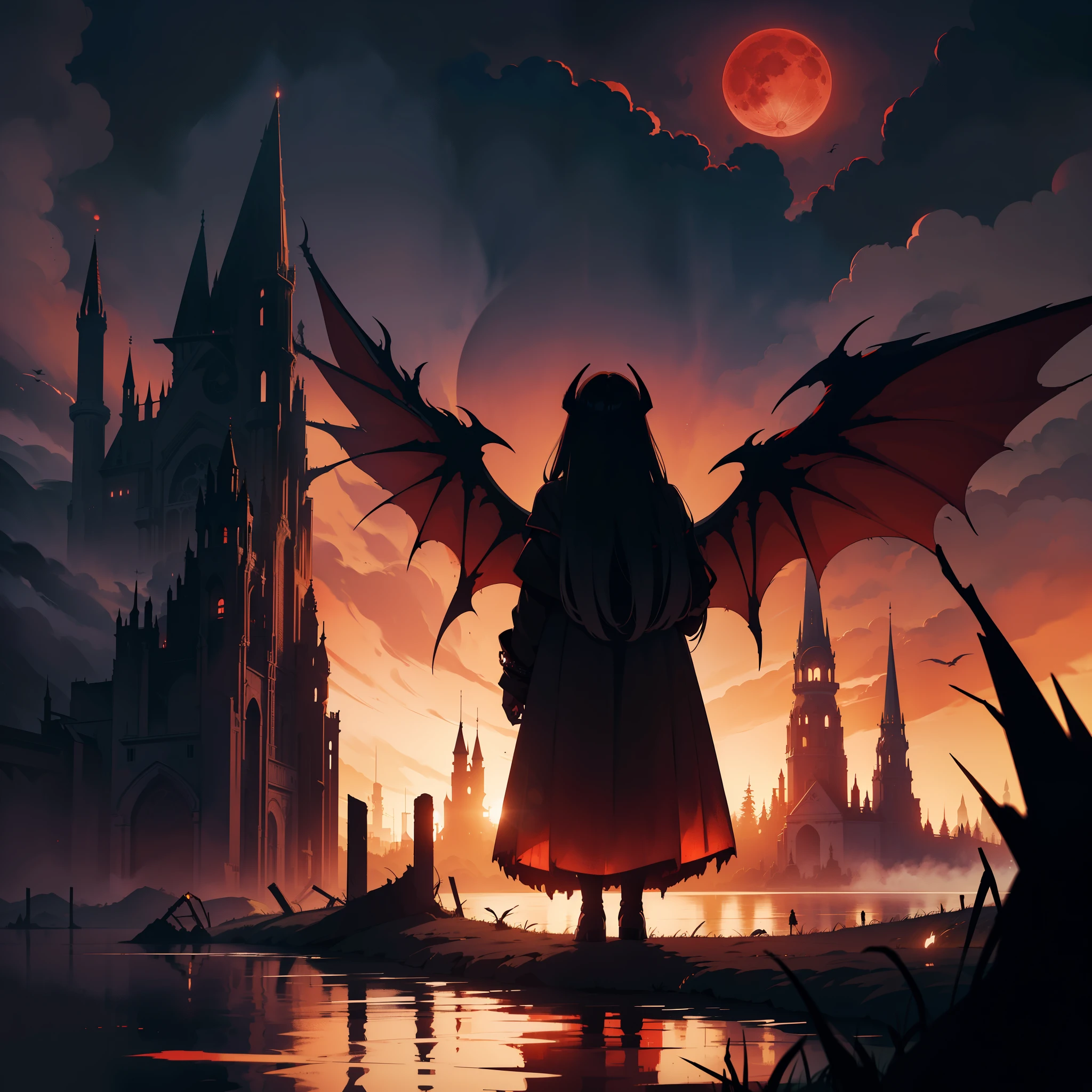 illustration, dark theme, (red moon:1. 2), (night, fog, dystopia, lake, burning hell, despair), long hair, huge wings, robe, legwear, boot, (from away:1. 05), far, wide shot, 16k, UHD, HDR, (Masterpiece:1. 5), (best quality:1. 5),