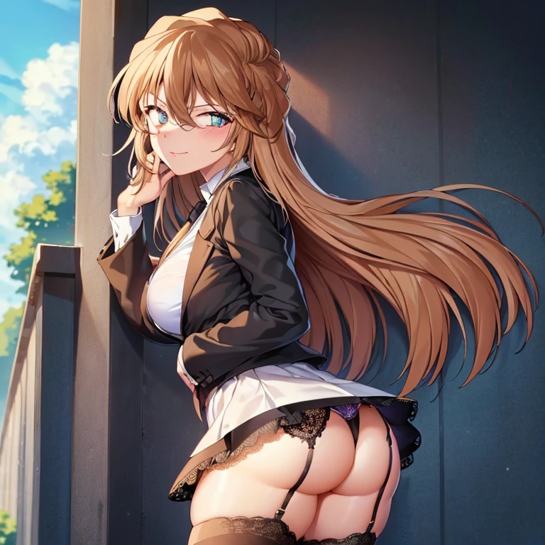 ((table top, highest quality, High resolution, nfsw, perfect pixel, 4K, nffsw, nffsw))), 1 girl, single, alone, beautiful woman、I could see the whole body、 , ((beautiful eyelashes, realistic eyes,realistic eyes)), ((detailed face, blush:1.2)), ((smooth texture:0.75, realistic texture:0.65, realistic:1.1,)), ((perfect hands,perfect fingers)),F cup, slim,dynamic angle, perfect body, ((black jacket, open jacket, white shirt, black skirt,black tights,garter belt)), City staircase、Angle looking up from the bottom of the stairs、Very embarrassing panic smile, looked back、leaning forward、(The wind flipped my skirt and exposed my butt...........................、Touching the buttocks with both hands、Random color lace panties)、