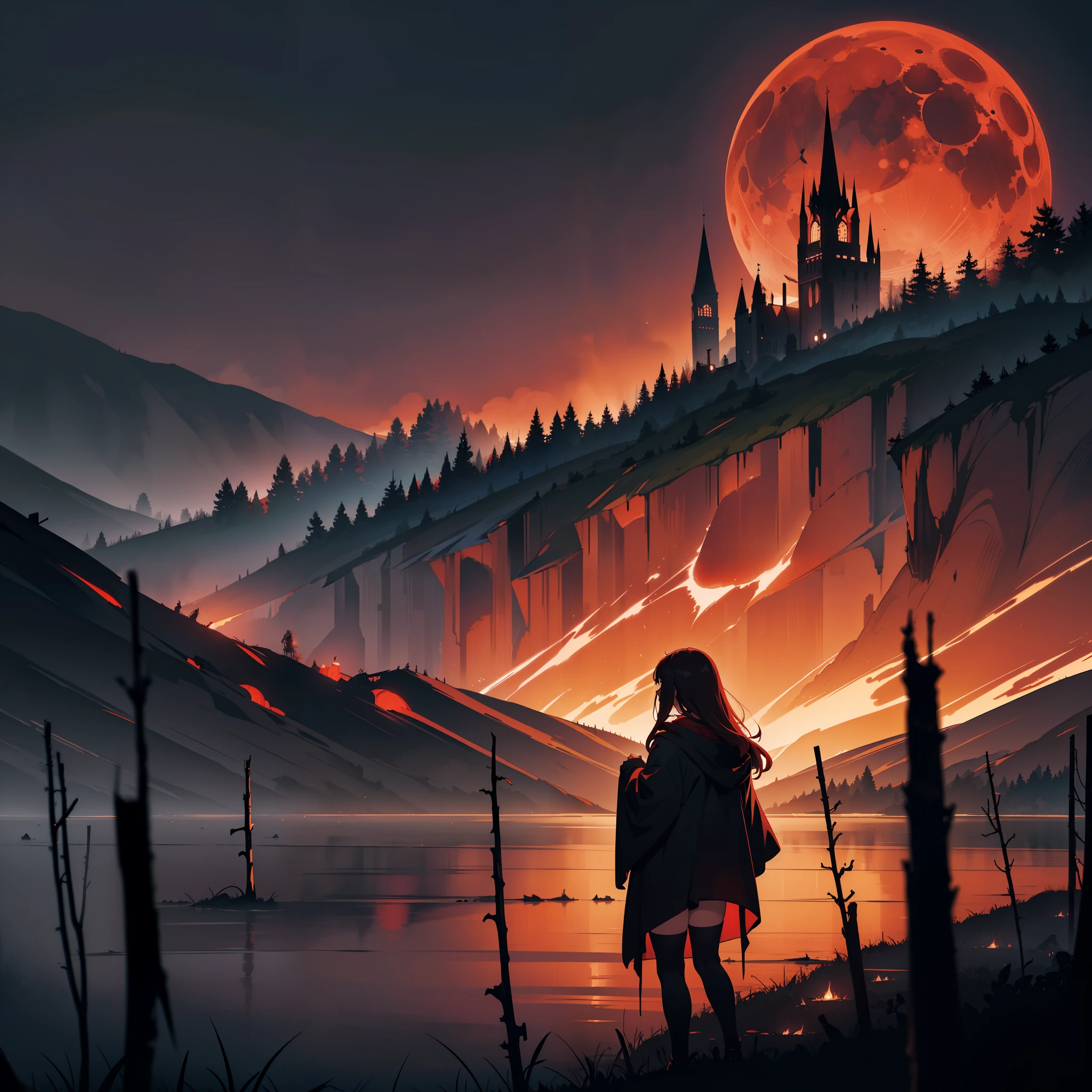 illustration, dark theme, (red moon:1. 2), (night, fog, dystopia, lake, burning hell, despair), long hair, huge wings, robe, legwear, boot, (from away:1. 05), far, wide shot, 16k, UHD, HDR, (Masterpiece:1. 5), (best quality:1. 5),