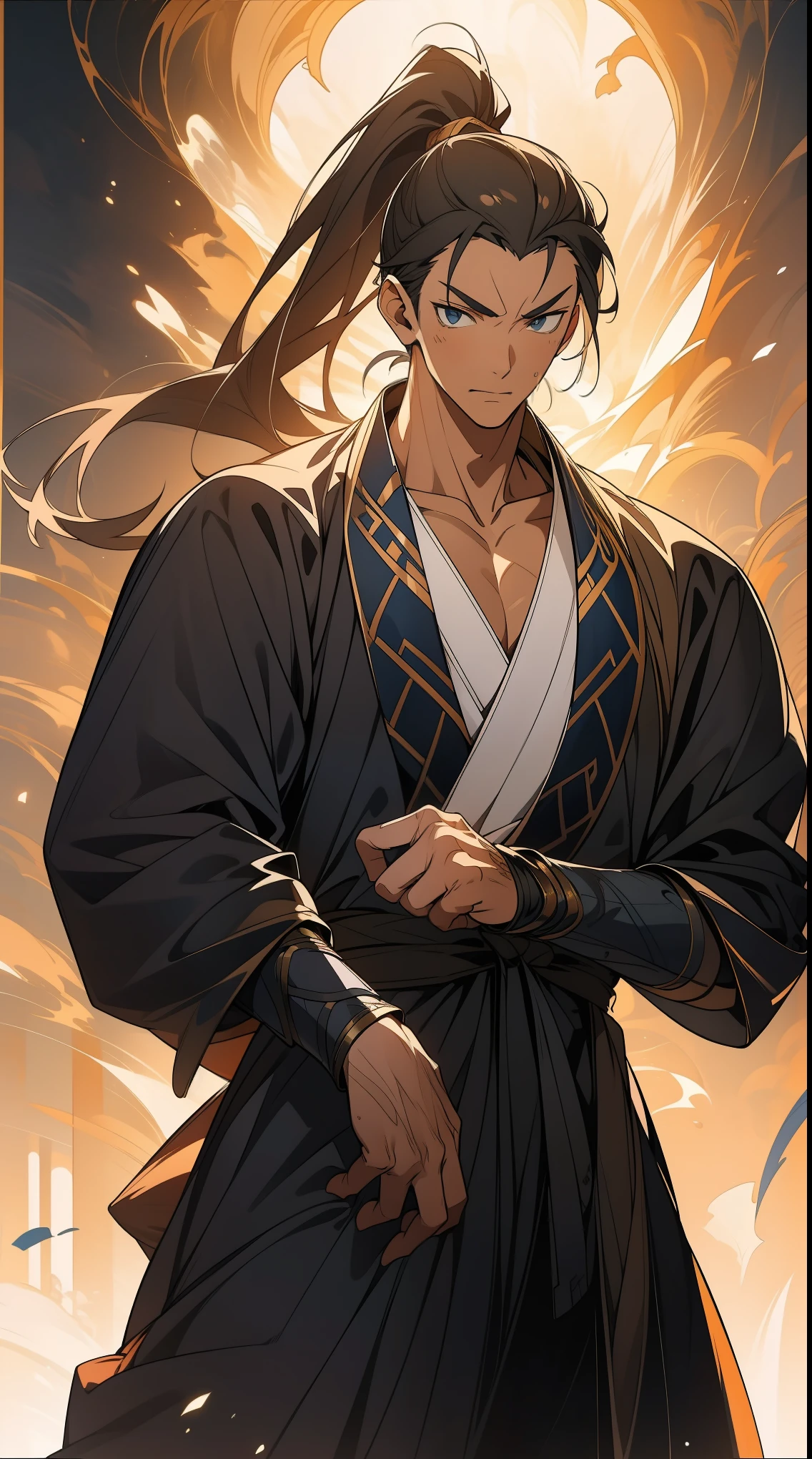 Two dimensions,anime style,one person(male warrior),proportions are correct,facial details,swordsman,high ponytail hairstyle,neck detail,Have an Adam's apple,Black period costume,joke,black toga,clothing details,Handing over,long sleeves,Game quality,fencing,Ray tracing,Ray tracing,Detailed glow,CG rendering,hair details,long black hair,blue eyes,Handsome,Handsome,(Youthful feeling),Clothing is complicated,Perfect composition,refine,high quality,higher details,many details,Complex background,a sense of atmosphere,