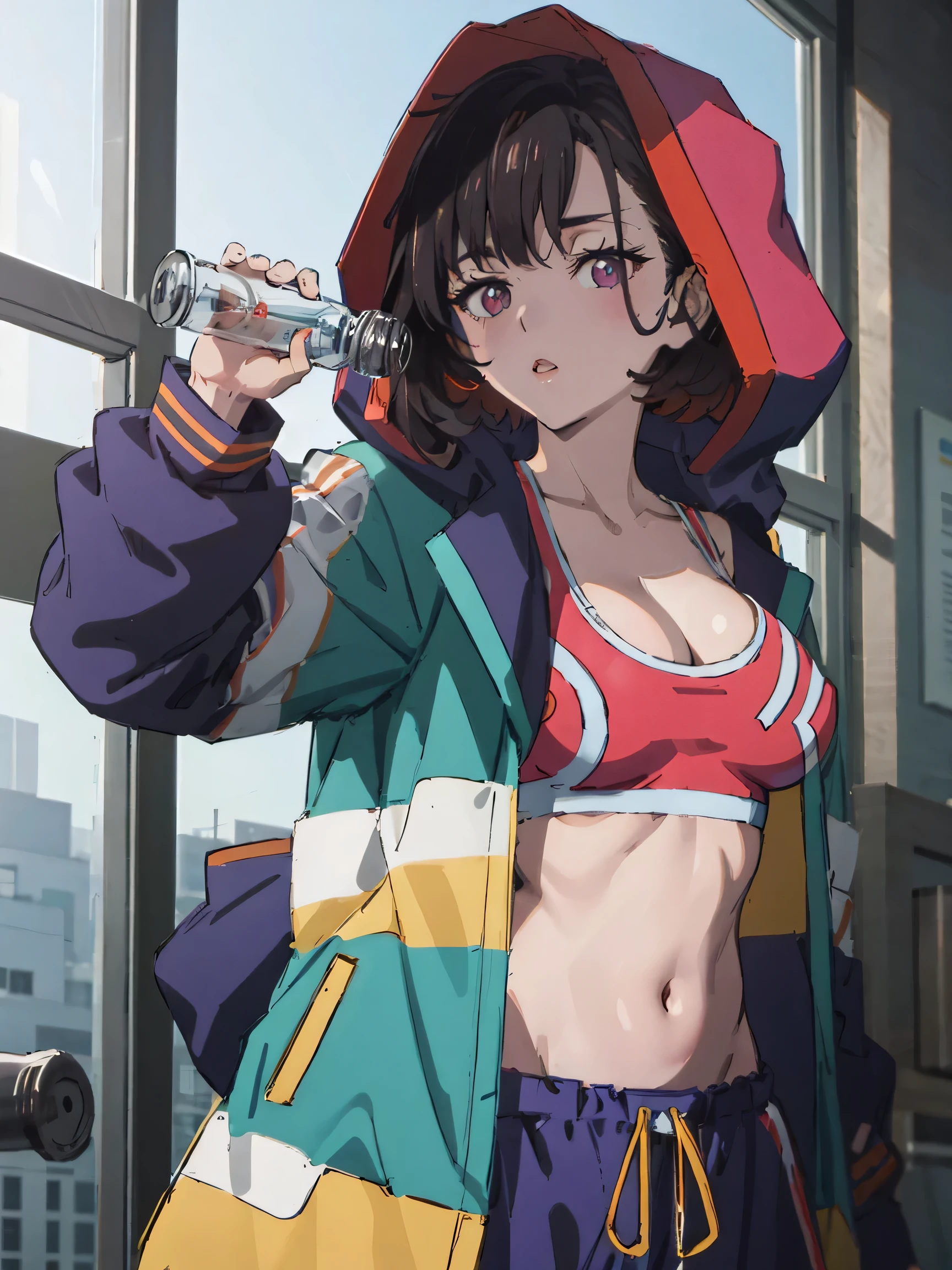 (((masterpiece))), ShizukaMikazuki, 1girl, solo, looking at viewer, short hair, black hair, navel, holding, cleavage, medium breasts, purple eyes, jacket, open clothes, midriff, hood, open jacket, hoodie, bottle, blue jacket, hooded jacket, hood up, sports bra, drinking, water bottle, multicolored jacket,