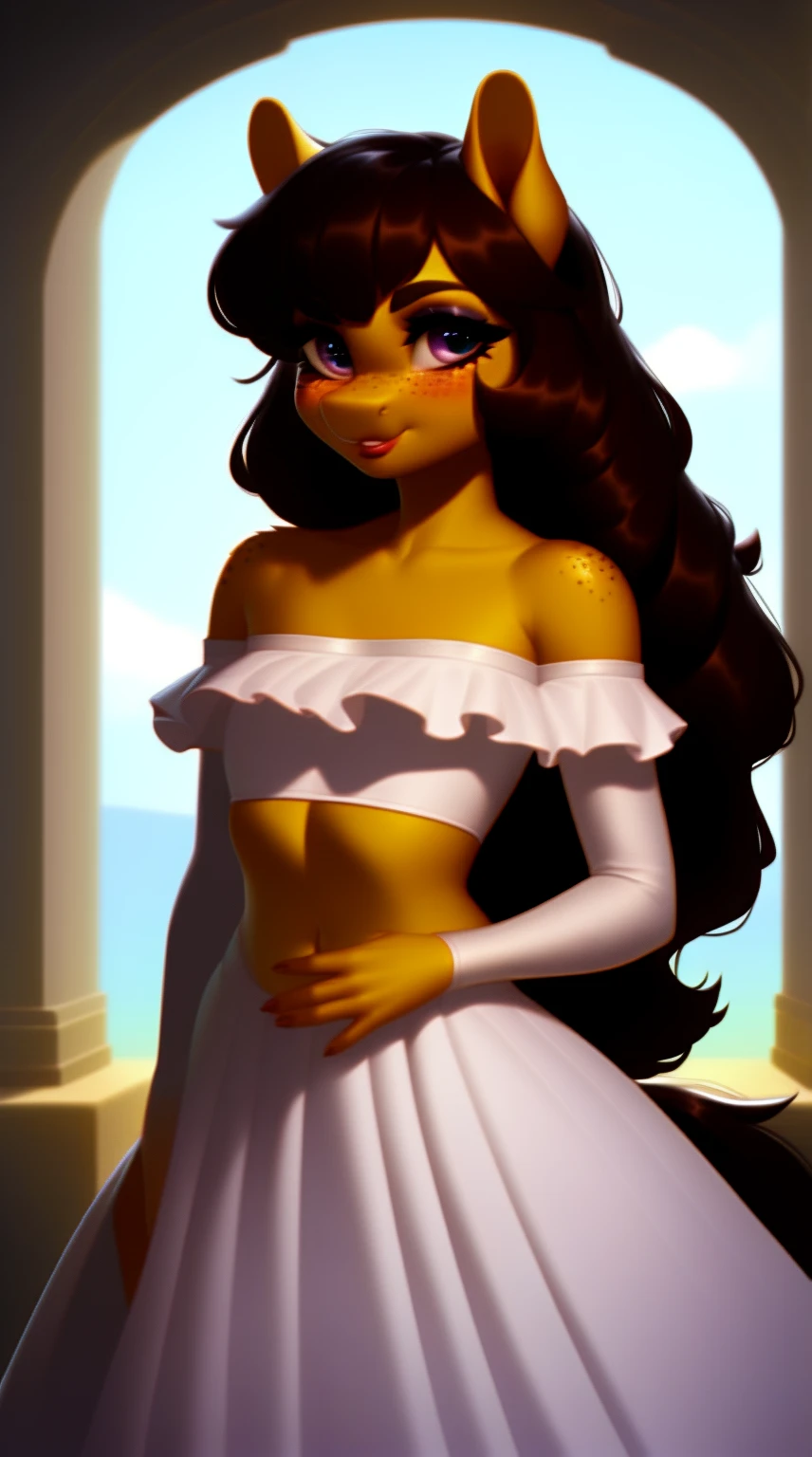 (score_9), (source_ derpibooru_p_95), (earth pony), ((anthro oc pony :1.1)), (shoulderless adorable wedding dress), shy, blushing, solo, realistic long hair, bangs, anatomically correct, flat chest, curvy figure, high res, pink bottom lip, extremely detailed, ten, filly, absolutely stunning, freckles, midriff, makeup,
