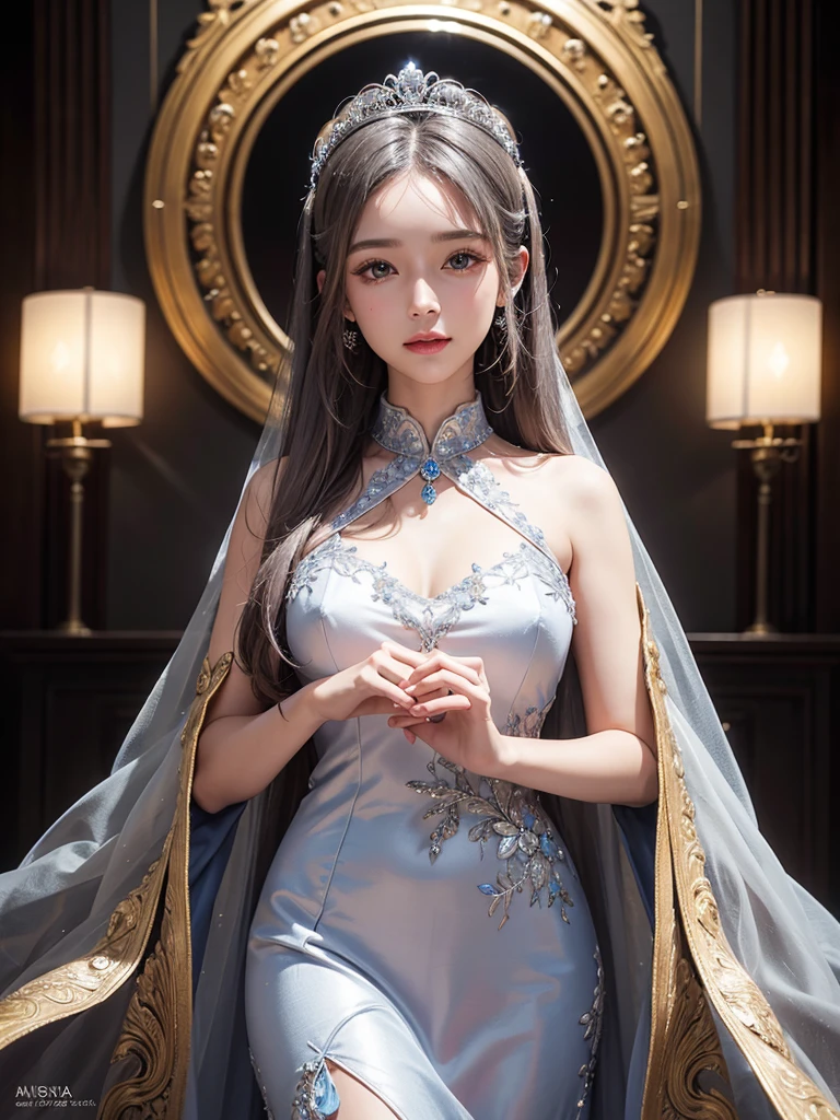 intricate detail, masterpiece, best quality, extremly detailed,cinematic lighting, beautiful detailed glow, finely detailed beautiful face and eyes, smile , long smooth shiny silky silver hair, Realistic lighting, pretty face , Body perfect anatomy,Top Quality, 8K Resolution , full body , High quality, realistic , Cinematic, Aesthetic, beautiful girl , cheongsam dress , symmetrical face , flower background, wearing a bejewelled tiara , long colorful silk dress