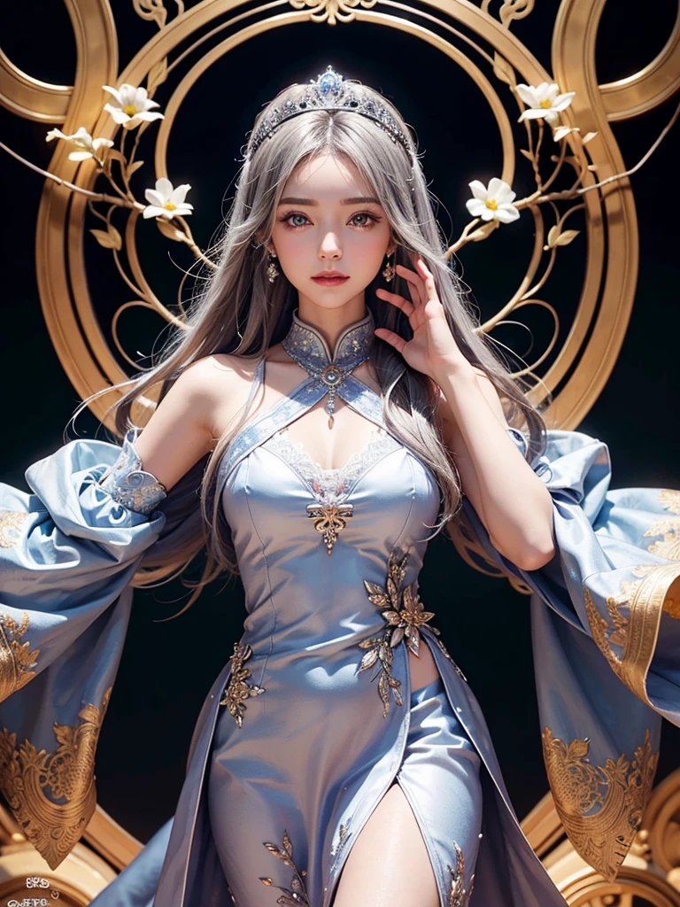 intricate detail, masterpiece, best quality, extremly detailed,cinematic lighting, beautiful detailed glow, finely detailed beautiful face and eyes, smile , long smooth shiny silky silver hair, Realistic lighting, pretty face , Body perfect anatomy,Top Quality, 8K Resolution , full body , High quality, realistic , Cinematic, Aesthetic, beautiful girl , cheongsam dress , symmetrical face , flower background, wearing a bejewelled tiara , long colorful silk dress