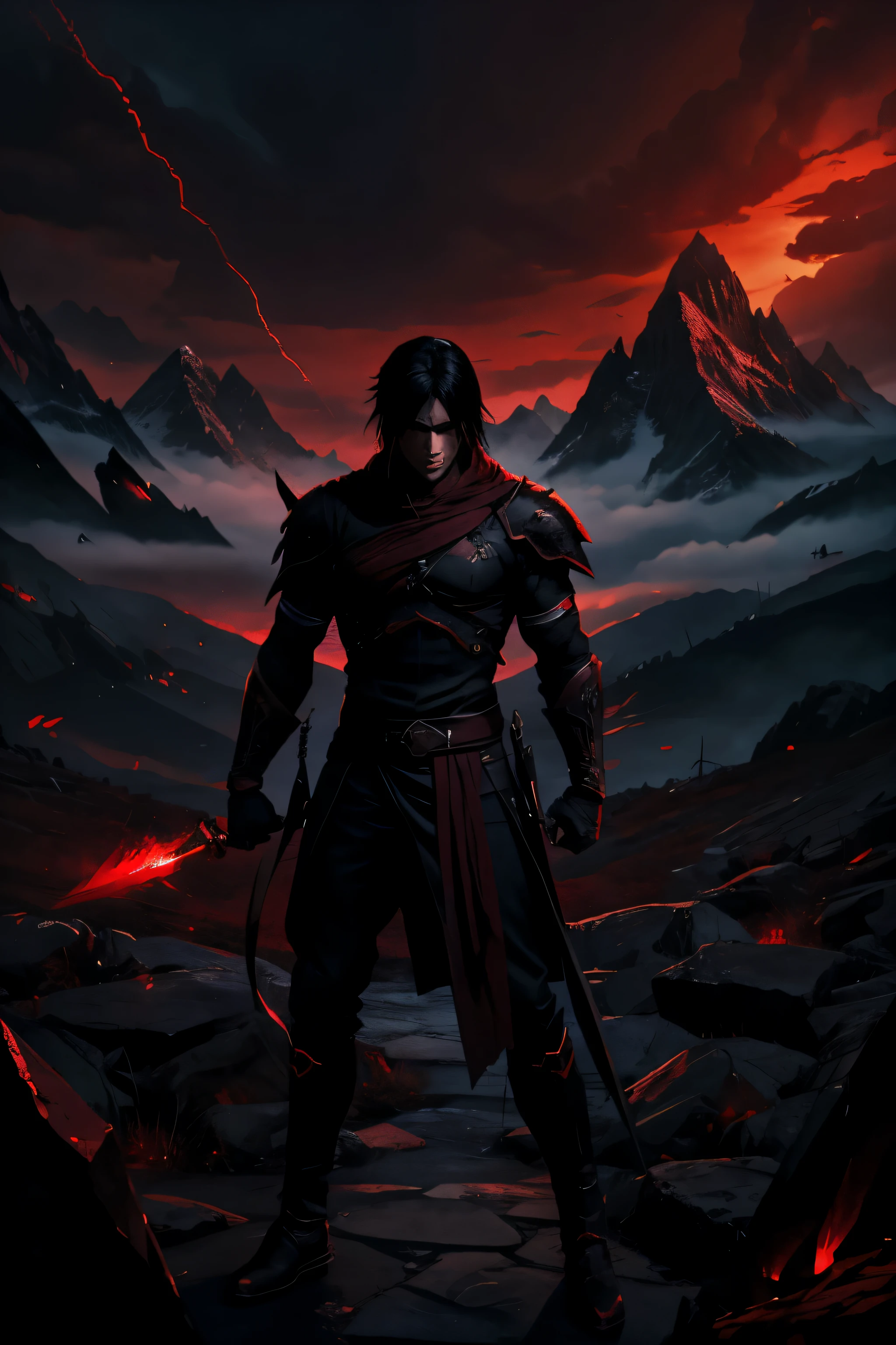 Motivation, Dark, Evil, Anime, Male, one Character, Red, Darker Background, Blood, Warrior, Anime Style, Fighting With Evil, Mountains, HighQuality.